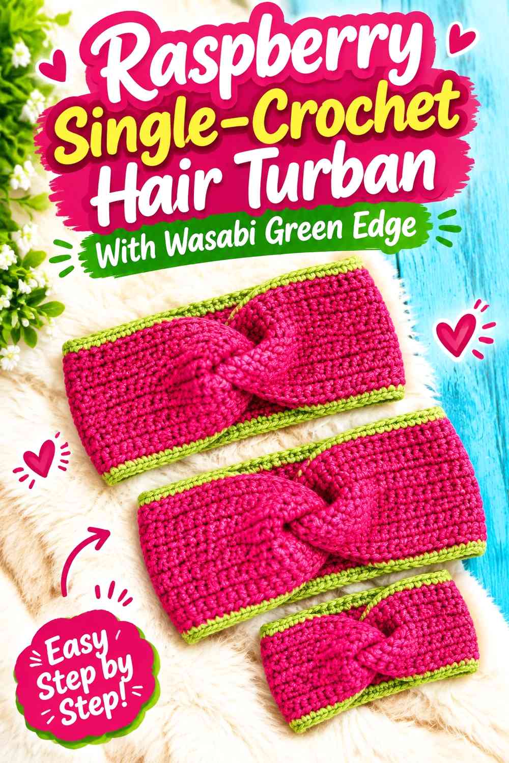 Raspberry Single-Crochet Hair Turban With Wasabi Green Edge