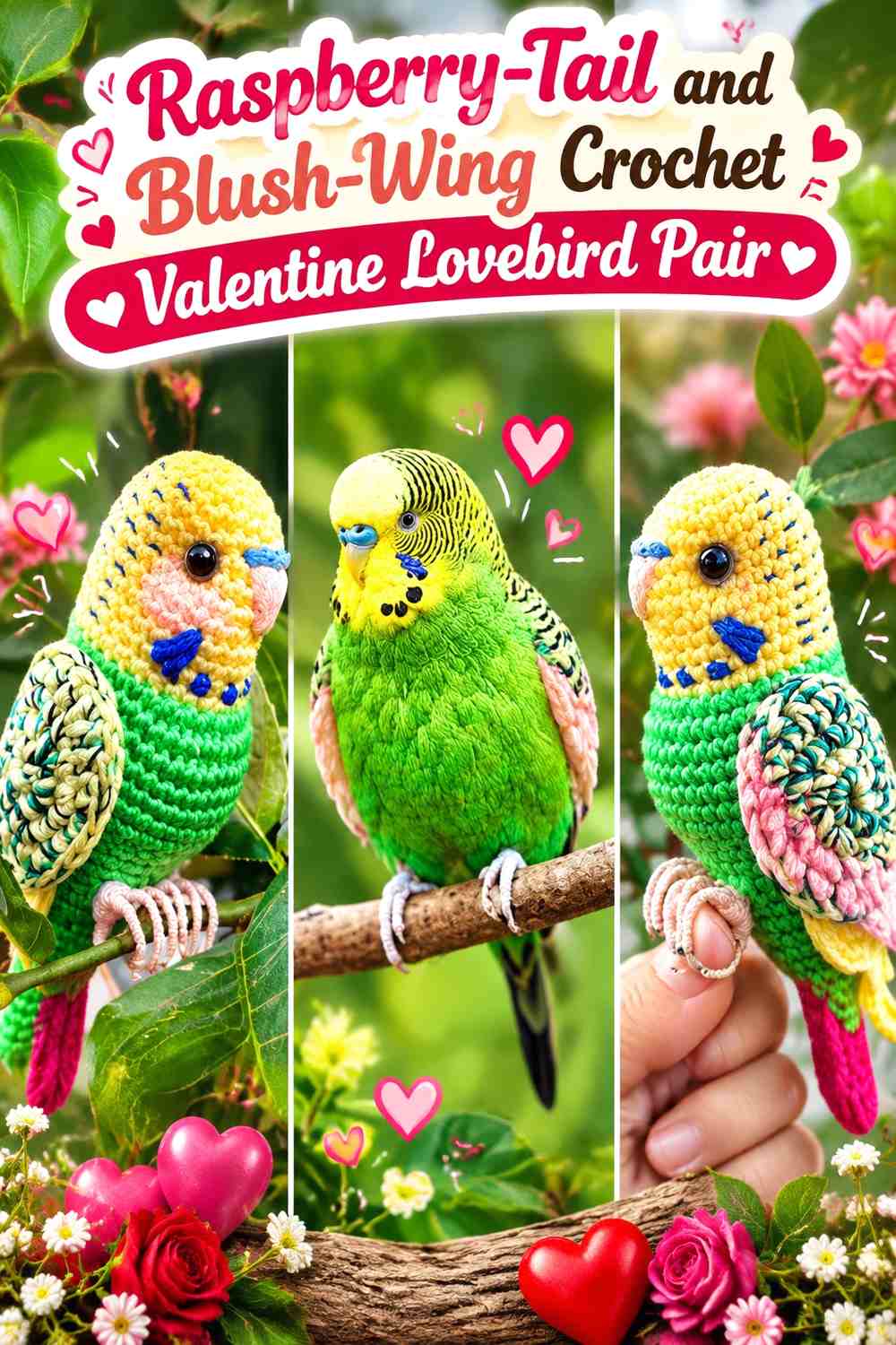 Raspberry-Tail and Blush-Wing Crochet Valentine Lovebird Pair