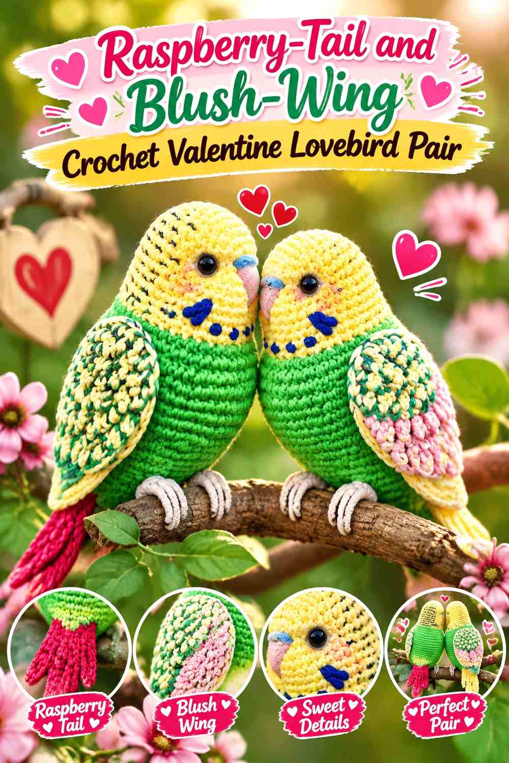 Raspberry-Tail and Blush-Wing Crochet Valentine Lovebird Pair