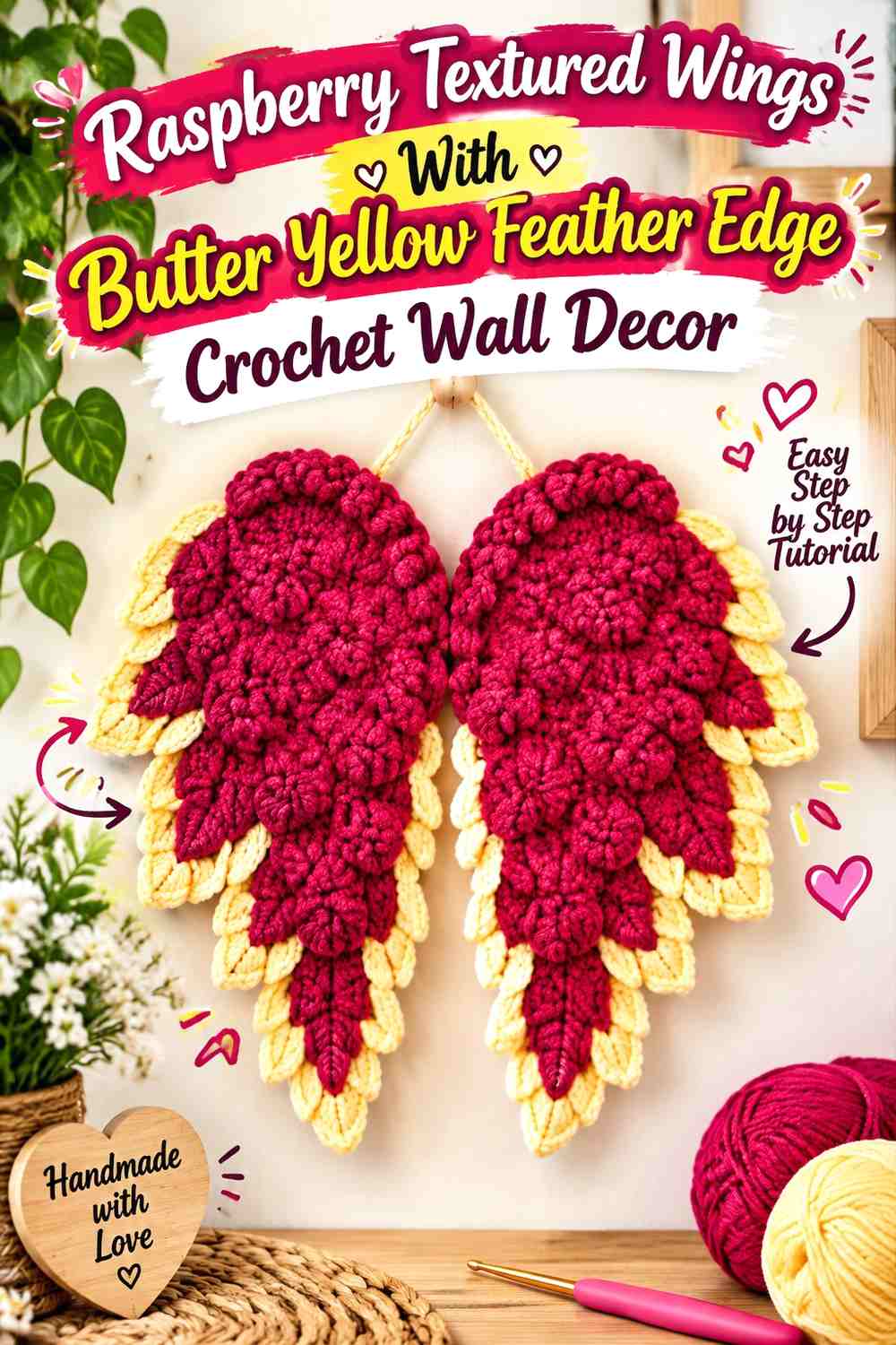 Raspberry Textured Wings With Butter Yellow Feather Edge Crochet Wall Decor