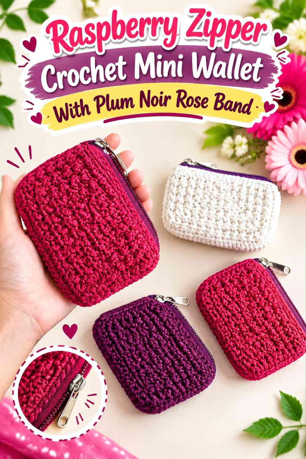 Raspberry Zipper Crochet Mini Wallet With Plum Noir Rose Band