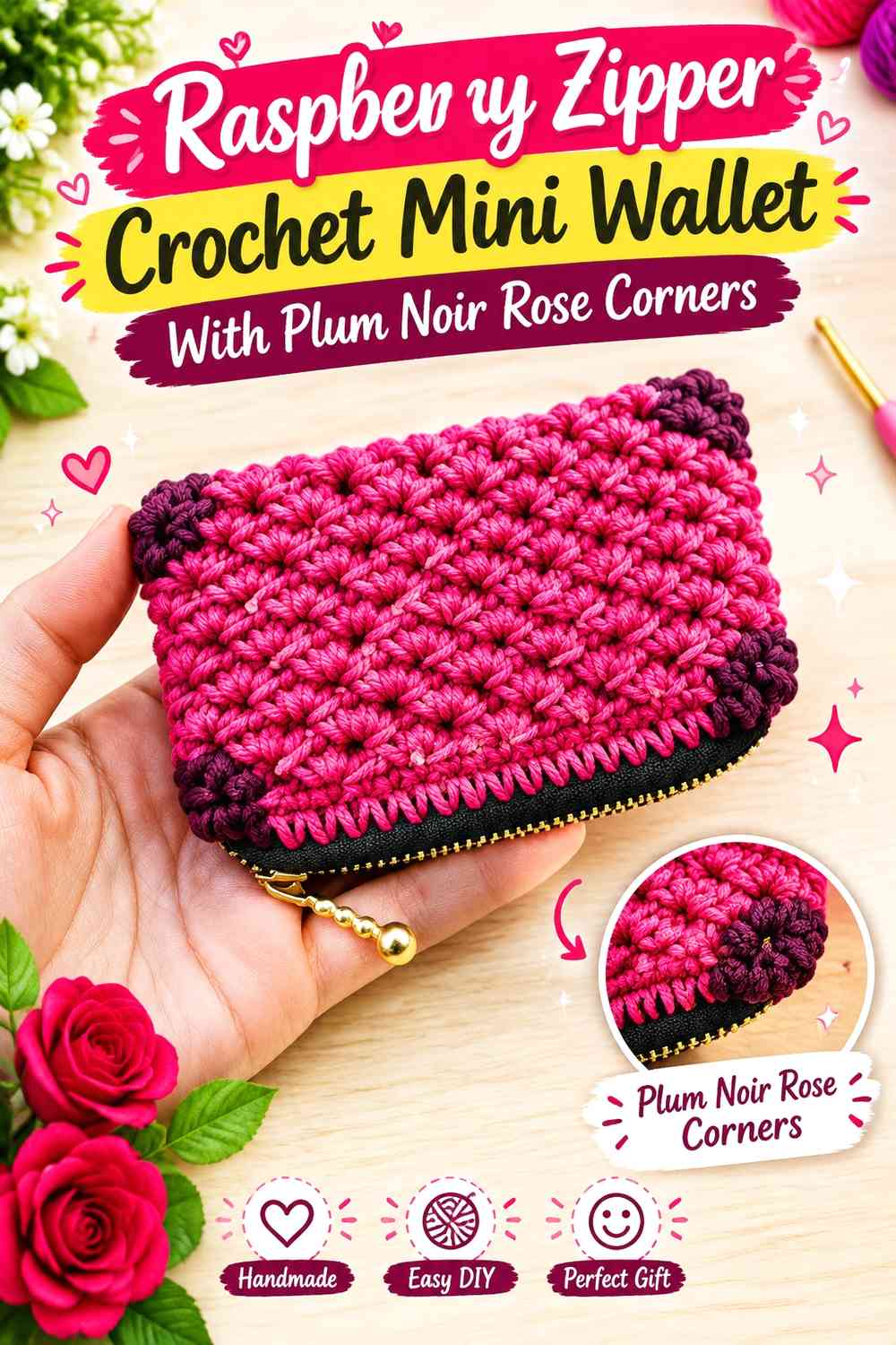 Raspberry Zipper Crochet Mini Wallet With Plum Noir Rose Corners