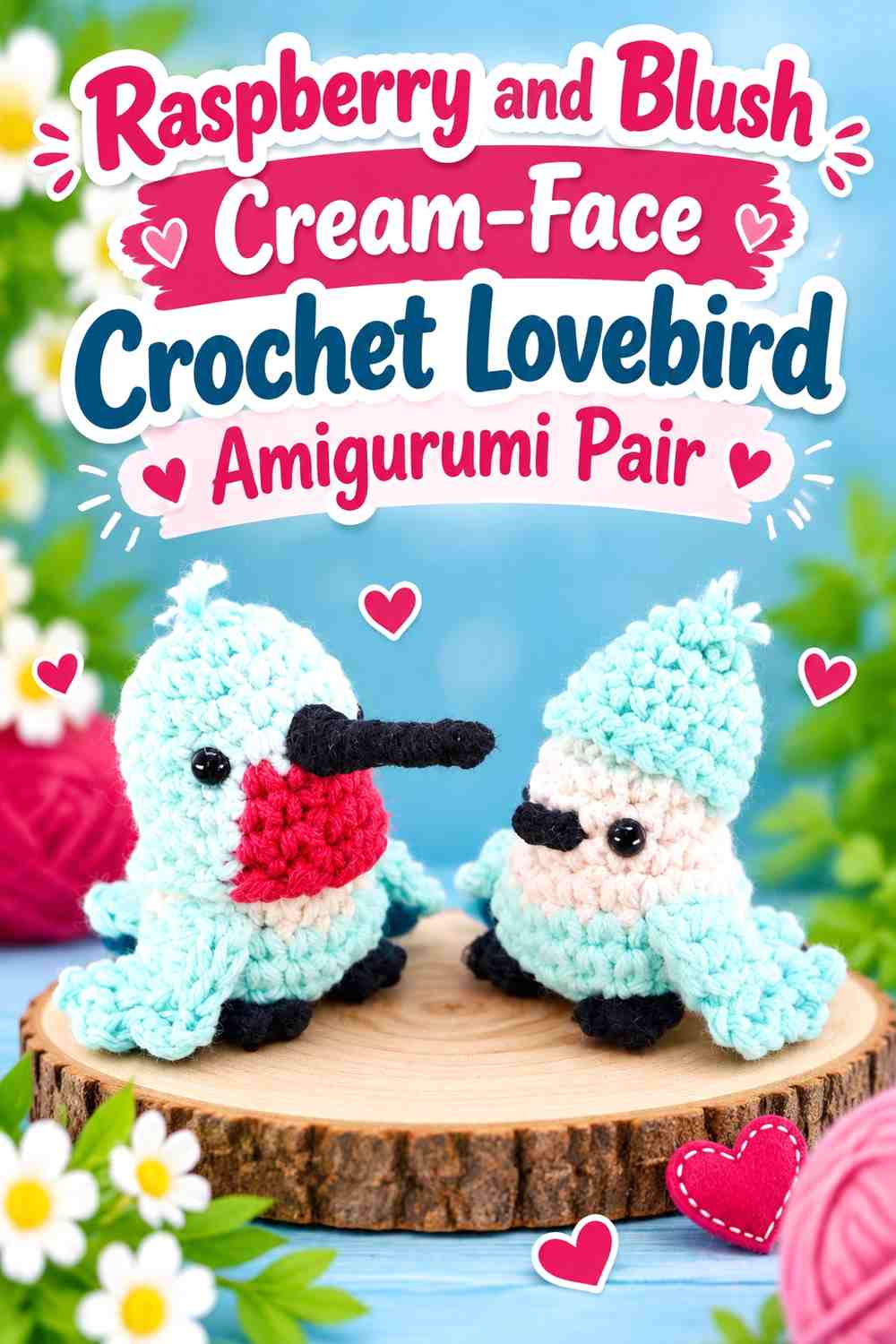 Raspberry and Blush Cream-Face Crochet Lovebird Amigurumi Pair