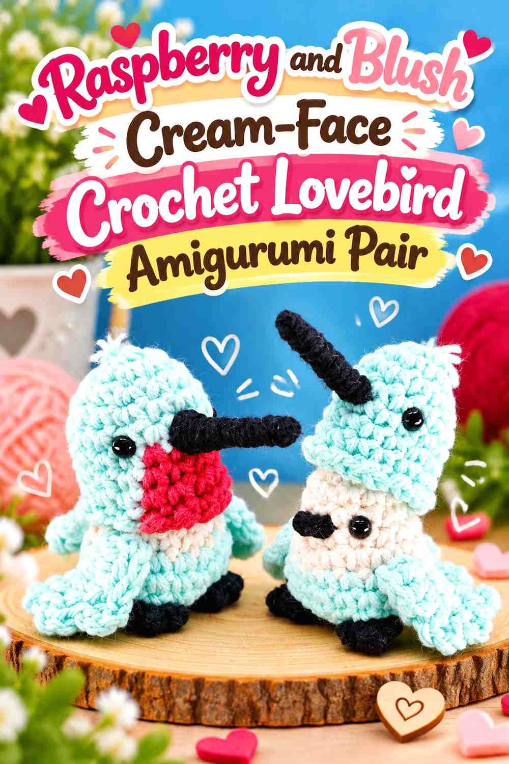 Raspberry and Blush Cream-Face Crochet Lovebird Amigurumi Pair