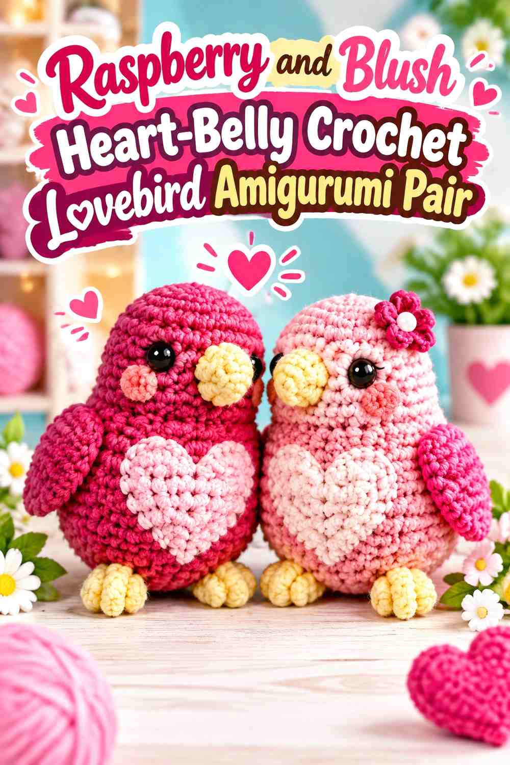 Raspberry and Blush Heart-Belly Crochet Lovebird Amigurumi Pair