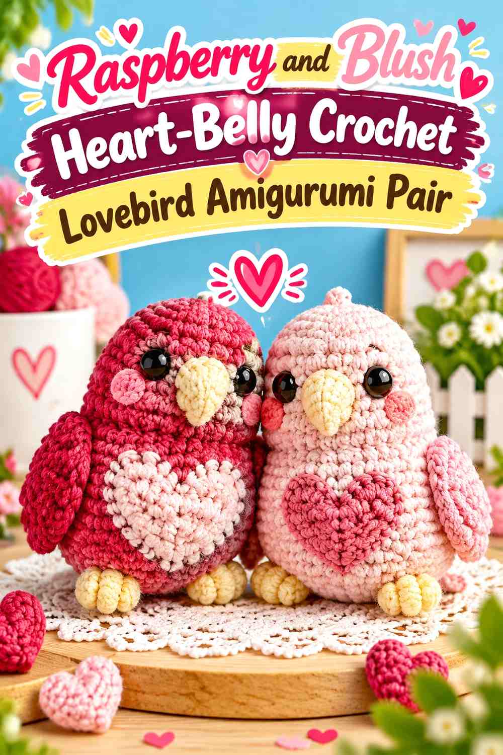 Raspberry and Blush Heart-Belly Crochet Lovebird Amigurumi Pair