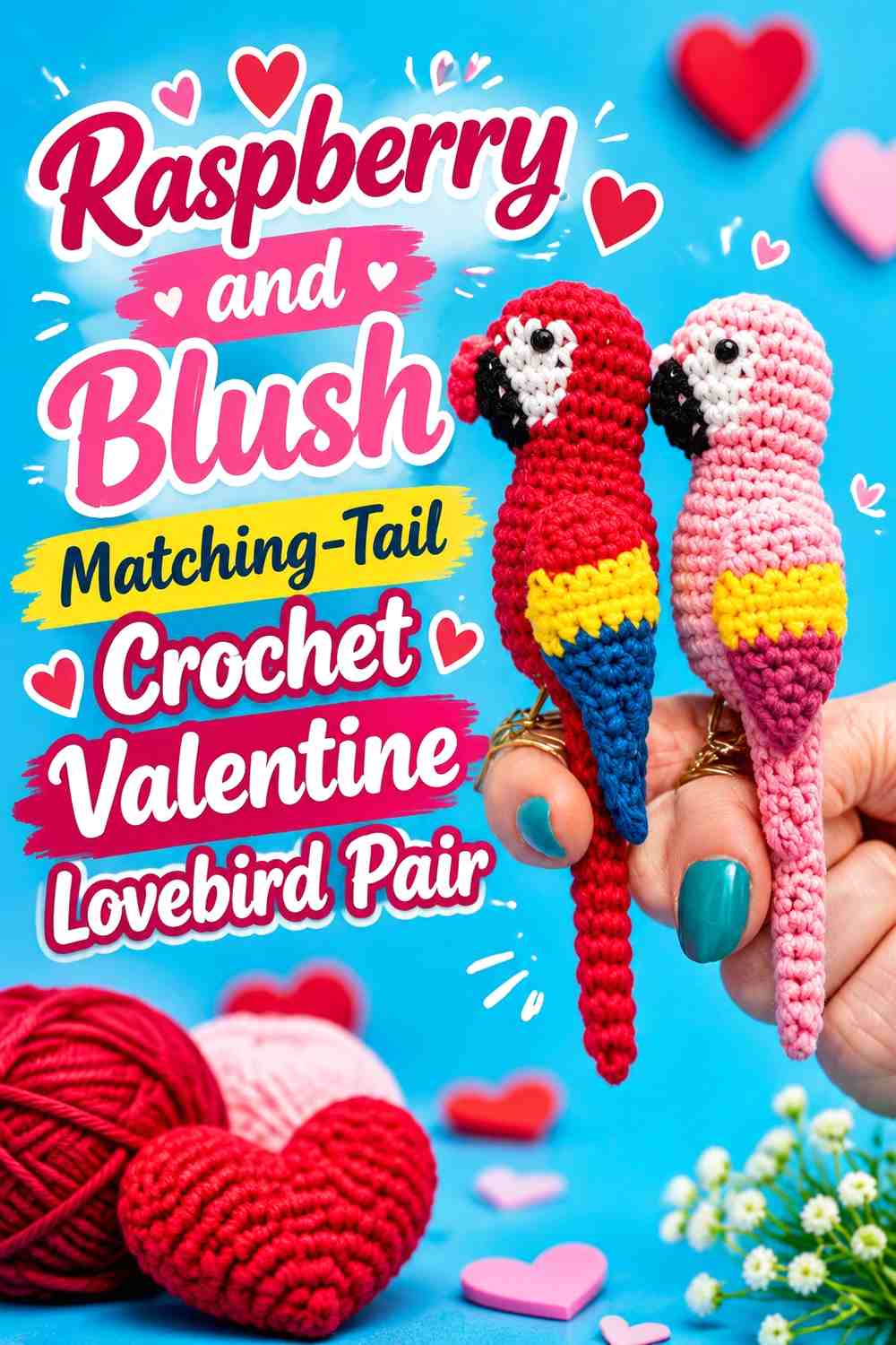 Raspberry and Blush Matching-Tail Crochet Valentine Lovebird Pair