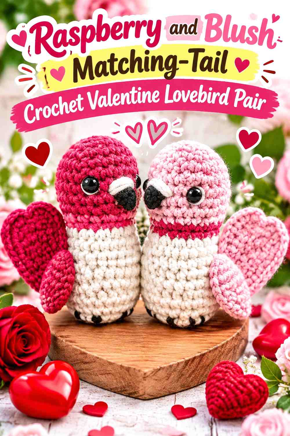 Raspberry and Blush Matching-Tail Crochet Valentine Lovebird Pair