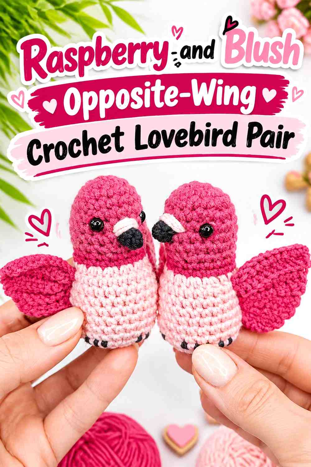 Raspberry and Blush Opposite-Wing Crochet Lovebird Pair