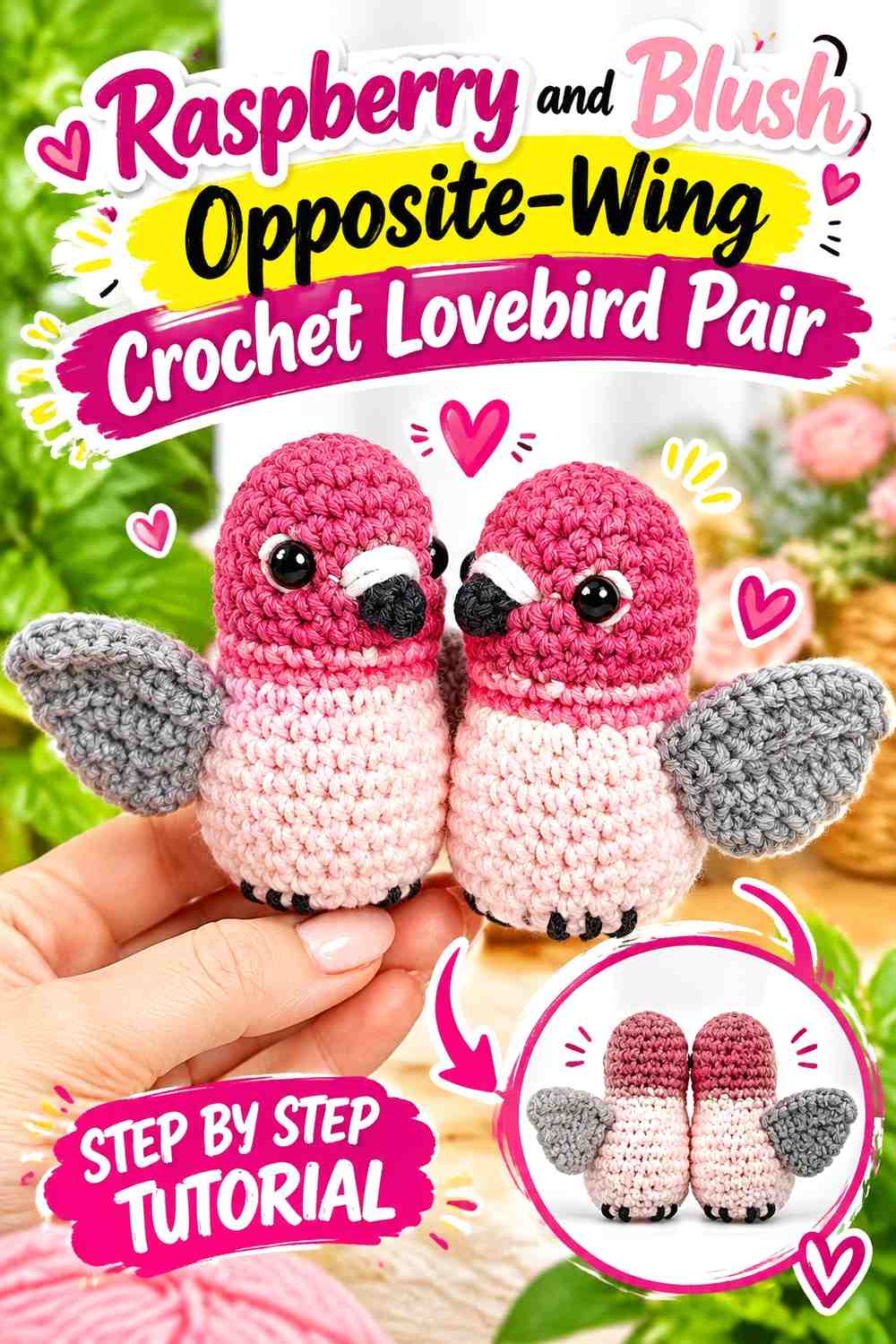 Raspberry and Blush Opposite-Wing Crochet Lovebird Pair