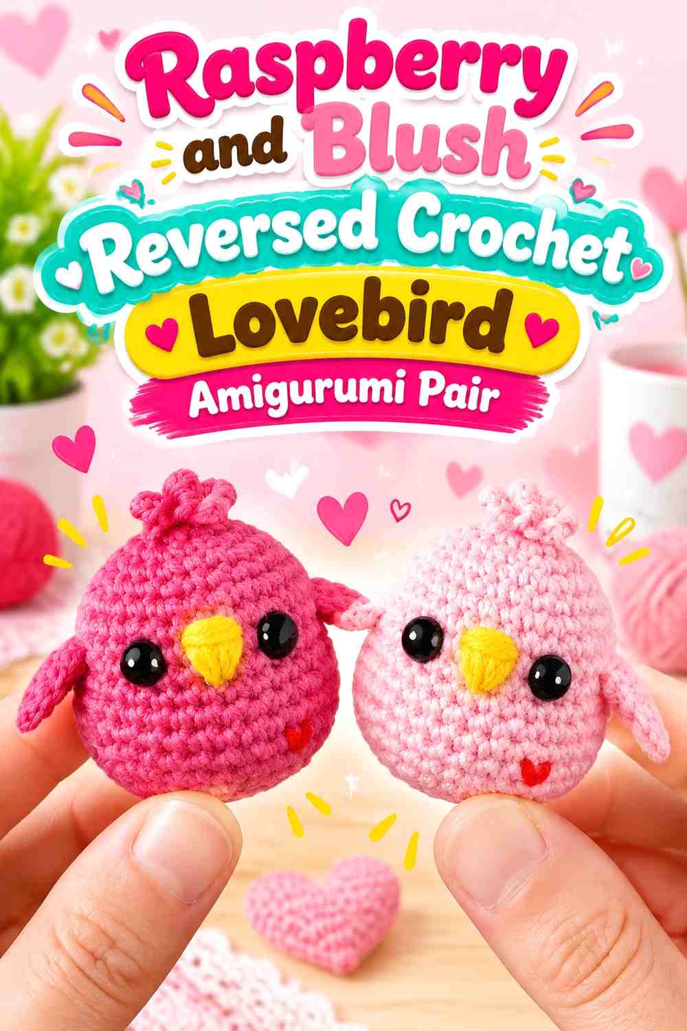 Raspberry and Blush Reversed Crochet Lovebird Amigurumi Pair