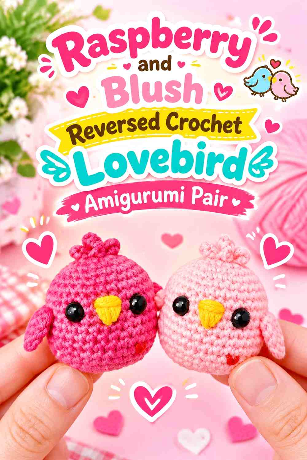 Raspberry and Blush Reversed Crochet Lovebird Amigurumi Pair
