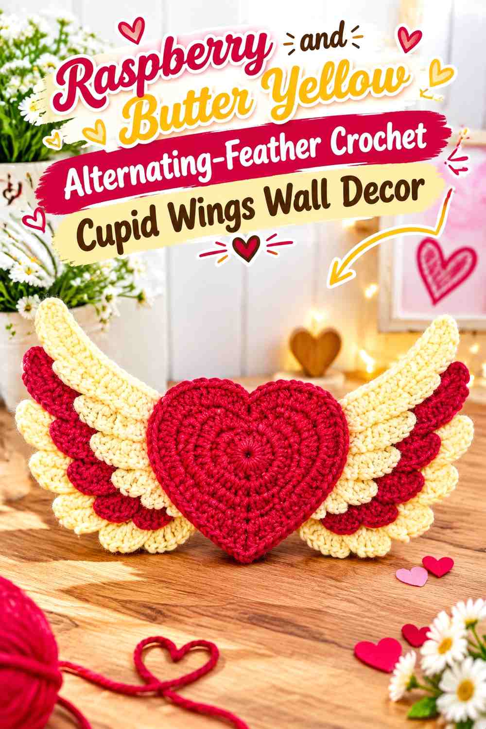 Raspberry and Butter Yellow Alternating-Feather Crochet Cupid Wings Wall Decor