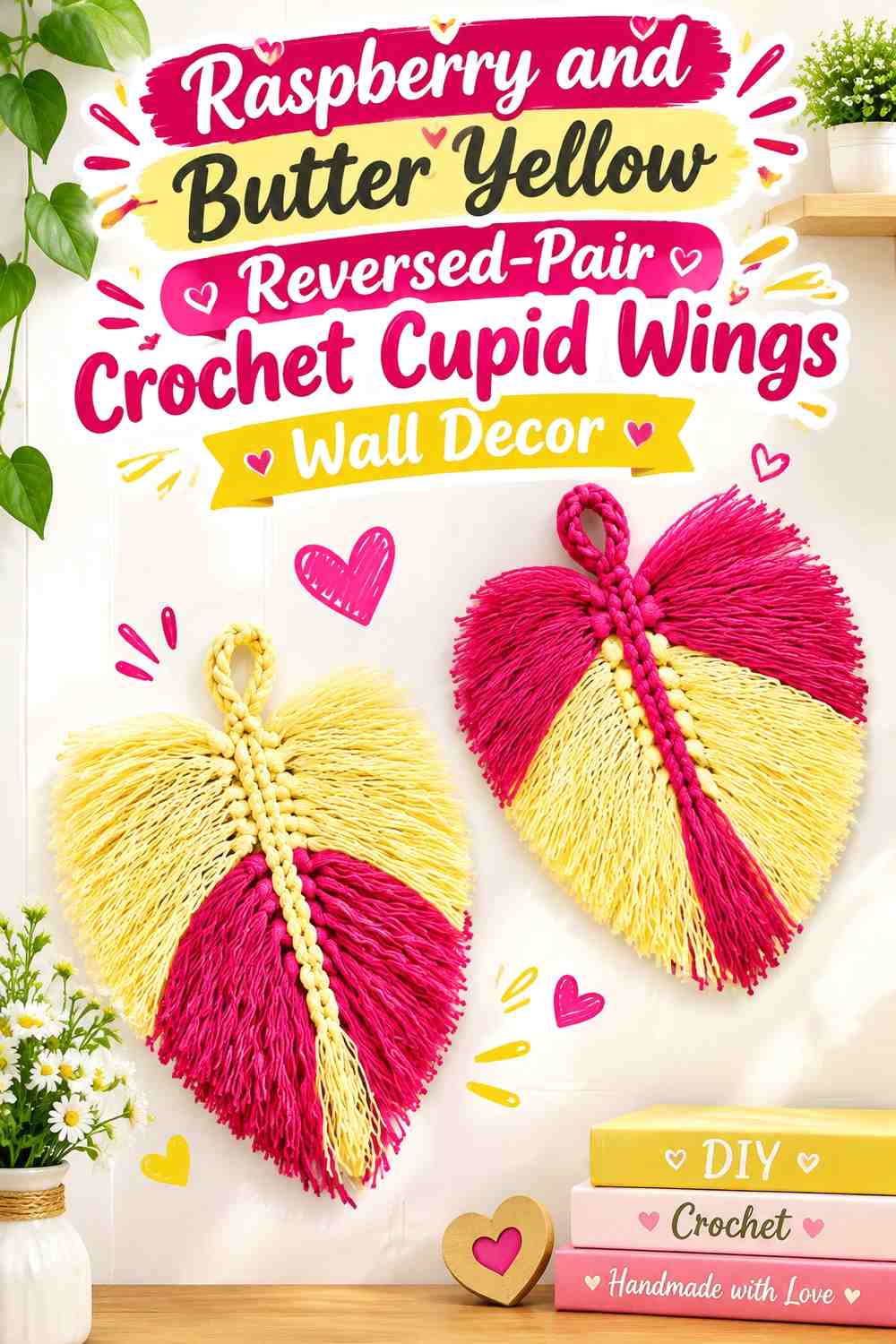 Raspberry and Butter Yellow Reversed-Pair Crochet Cupid Wings Wall Decor