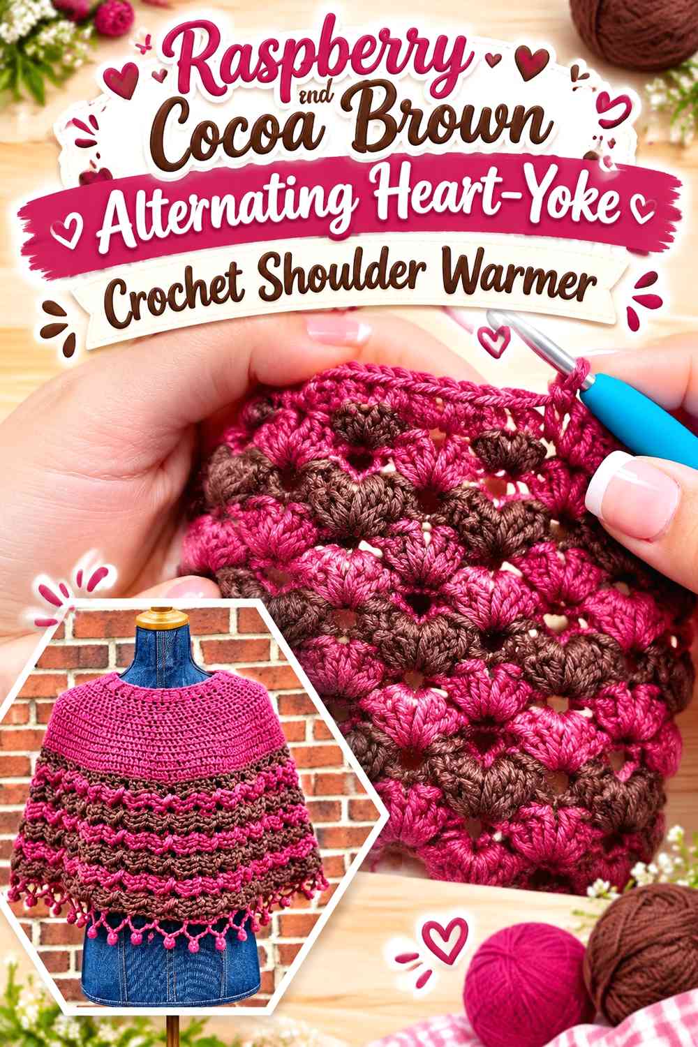 Raspberry and Cocoa Brown Alternating Heart-Yoke Crochet Shoulder Warmer