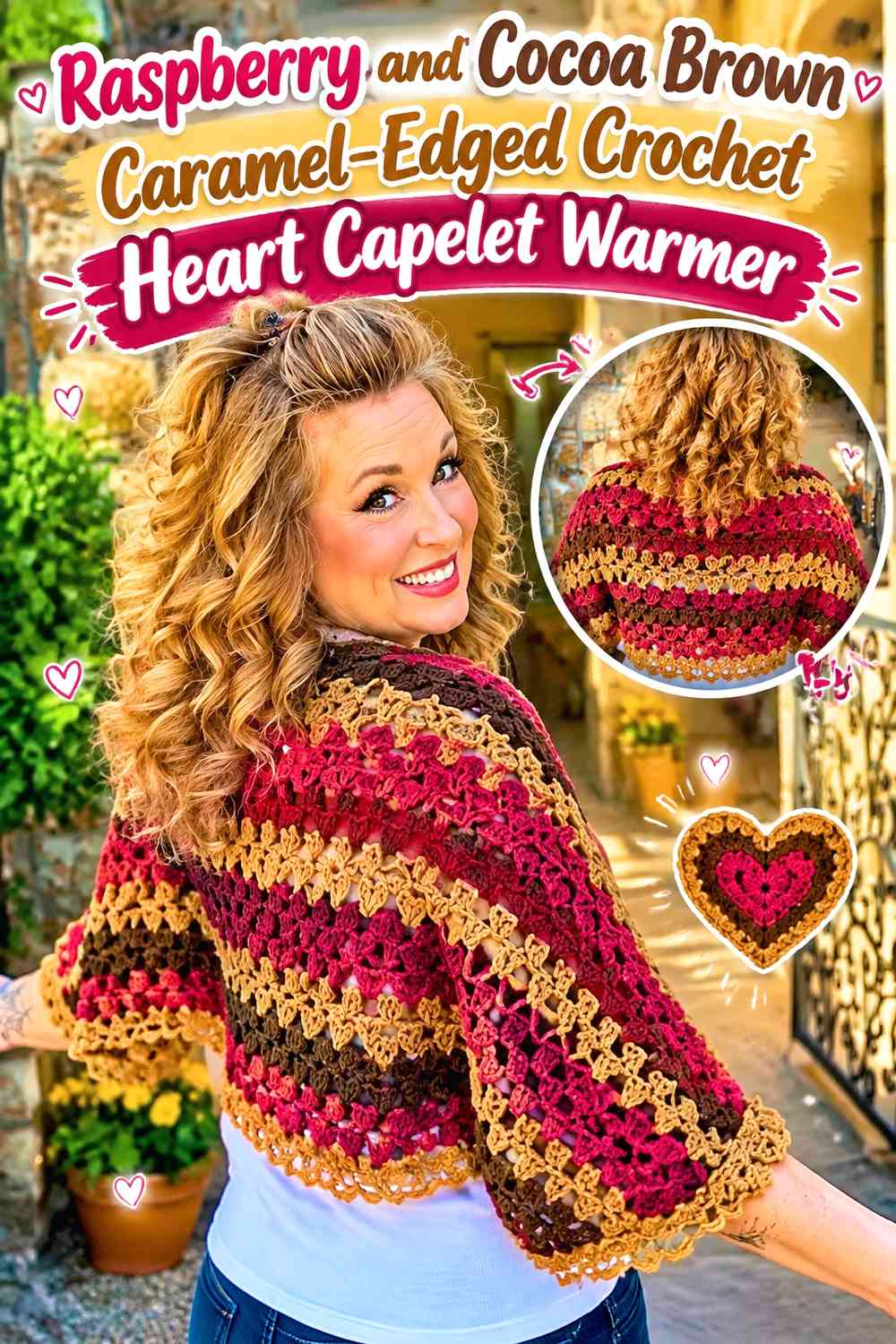 Raspberry and Cocoa Brown Caramel-Edged Crochet Heart Capelet Warmer