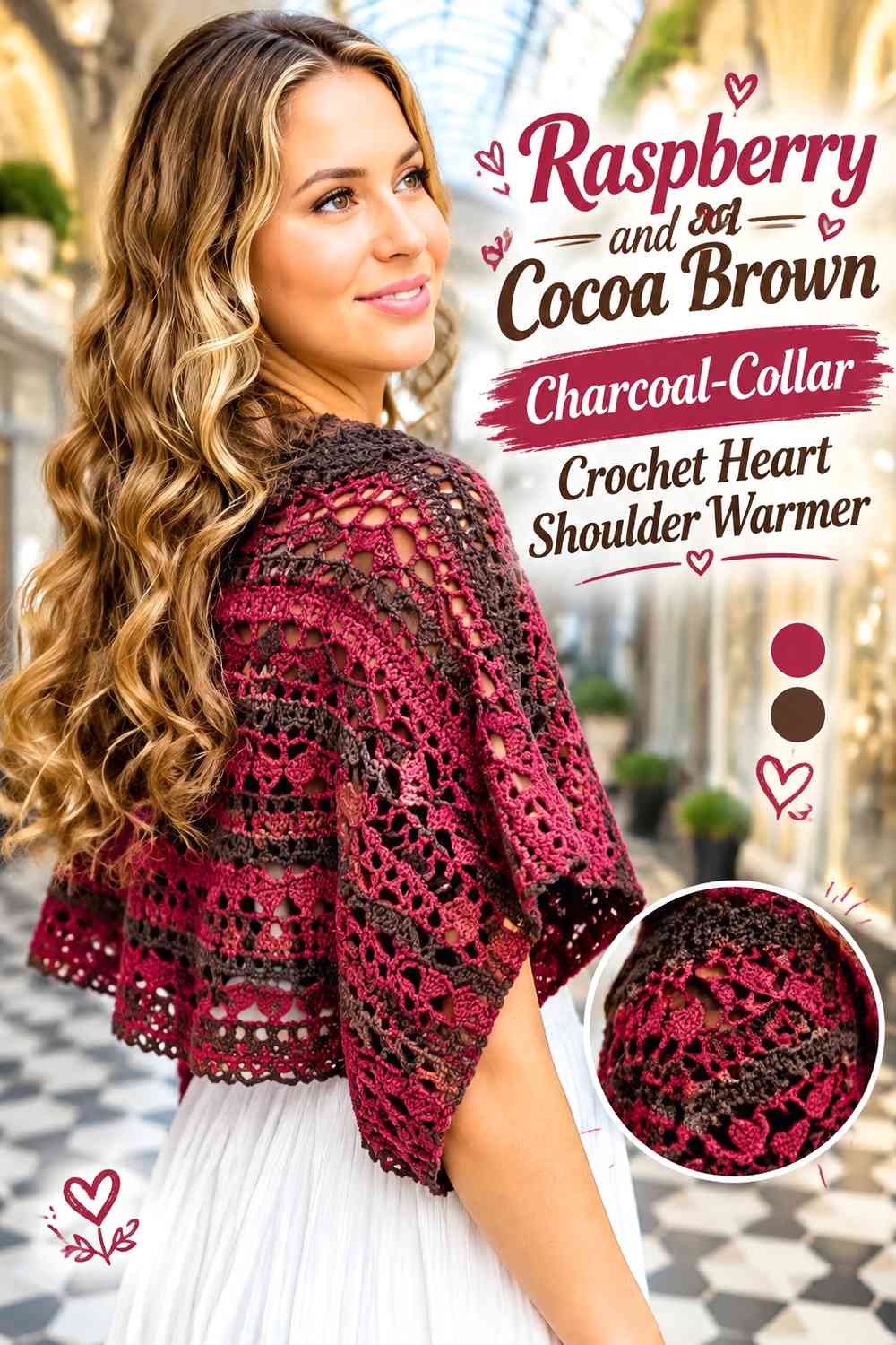 Raspberry and Cocoa Brown Charcoal-Collar Crochet Heart Shoulder Warmer