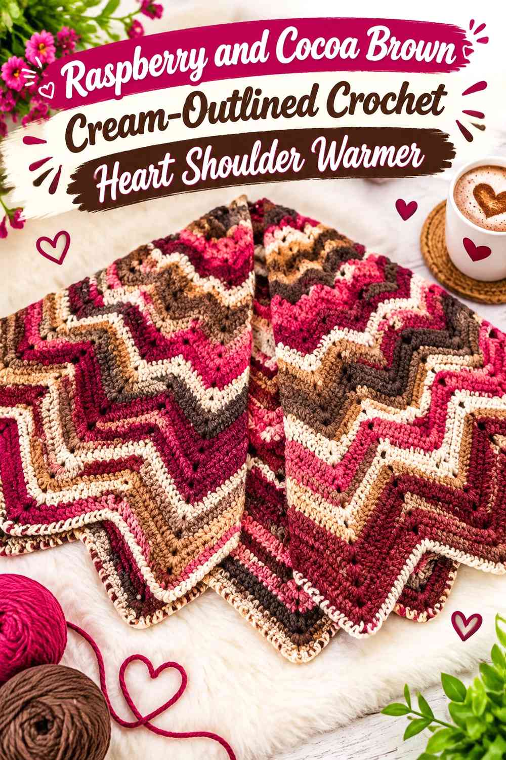 Raspberry and Cocoa Brown Cream-Outlined Crochet Heart Shoulder Warmer