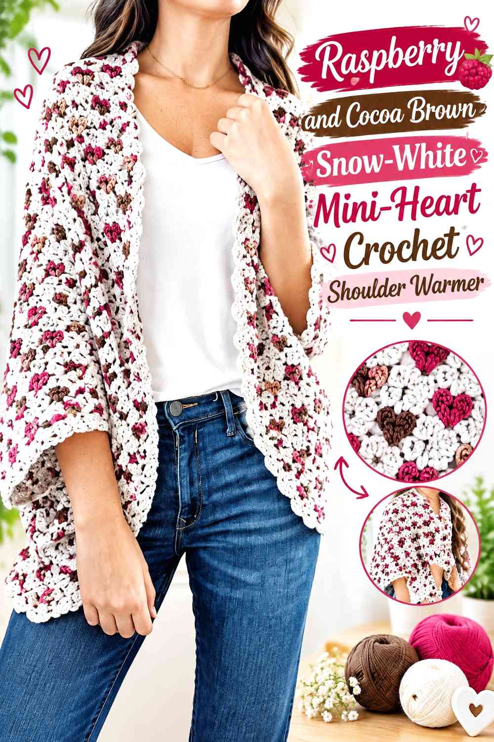 Raspberry and Cocoa Brown Snow-White Mini-Heart Crochet Shoulder Warmer