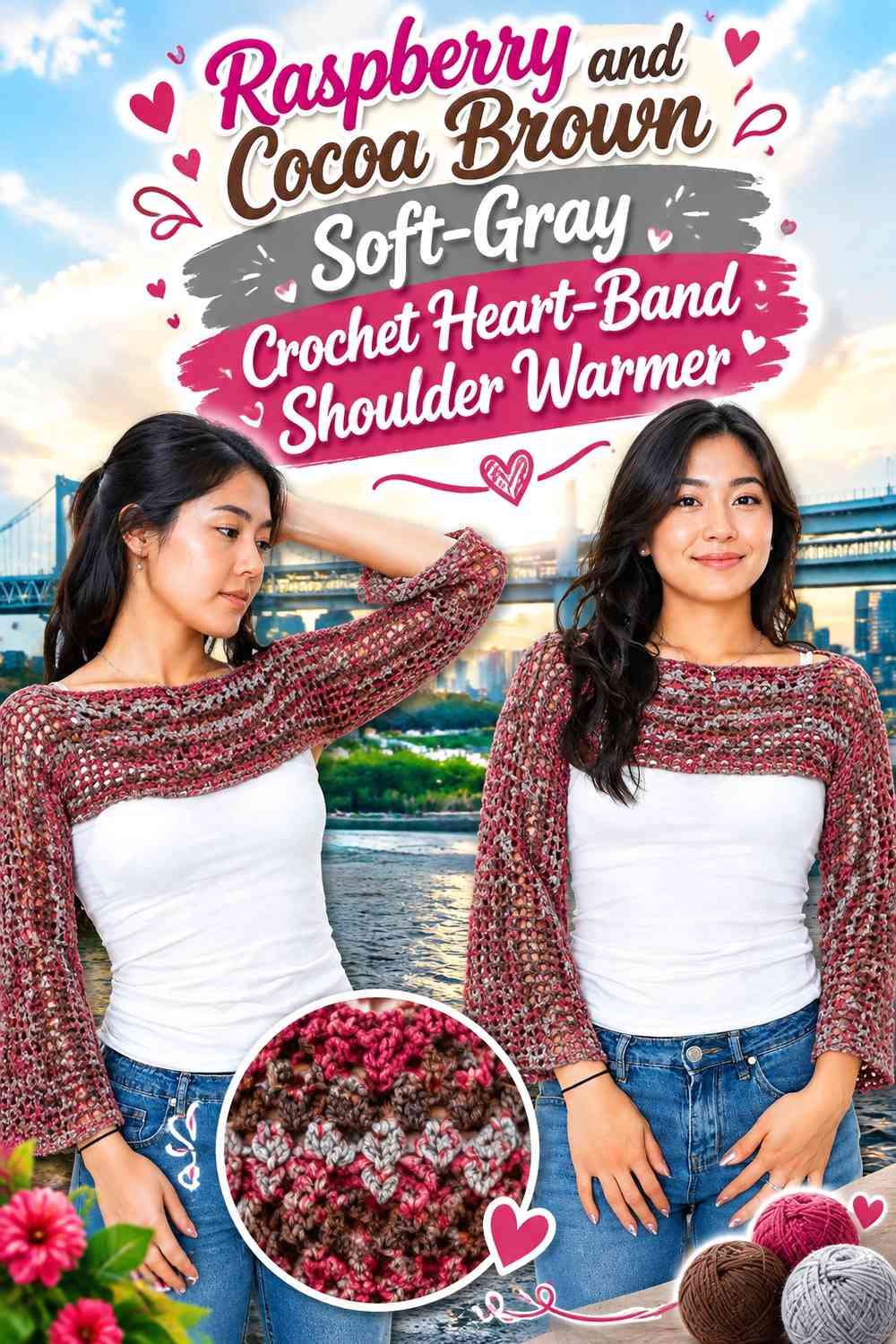 Raspberry and Cocoa Brown Soft-Gray Crochet Heart-Band Shoulder Warmer