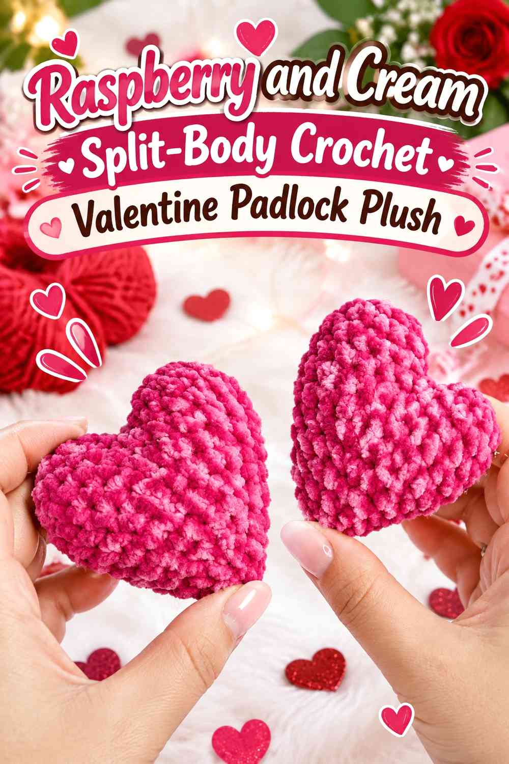 Raspberry and Cream Split-Body Crochet Valentine Padlock Plush