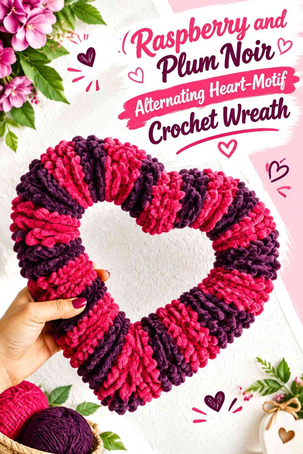 Raspberry and Plum Noir Alternating Heart-Motif Crochet Wreath
