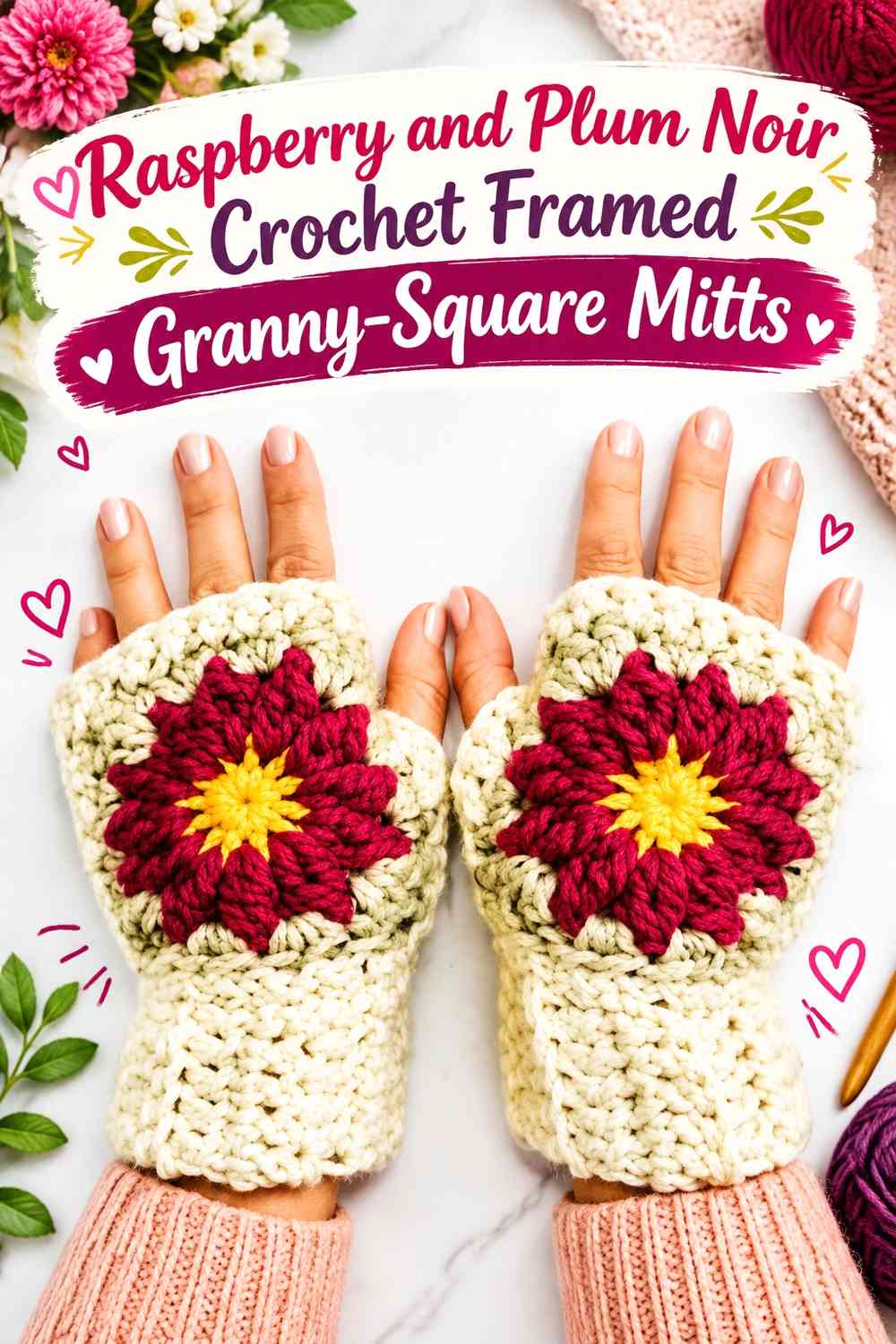 Raspberry and Plum Noir Crochet Framed Granny-Square Mitts