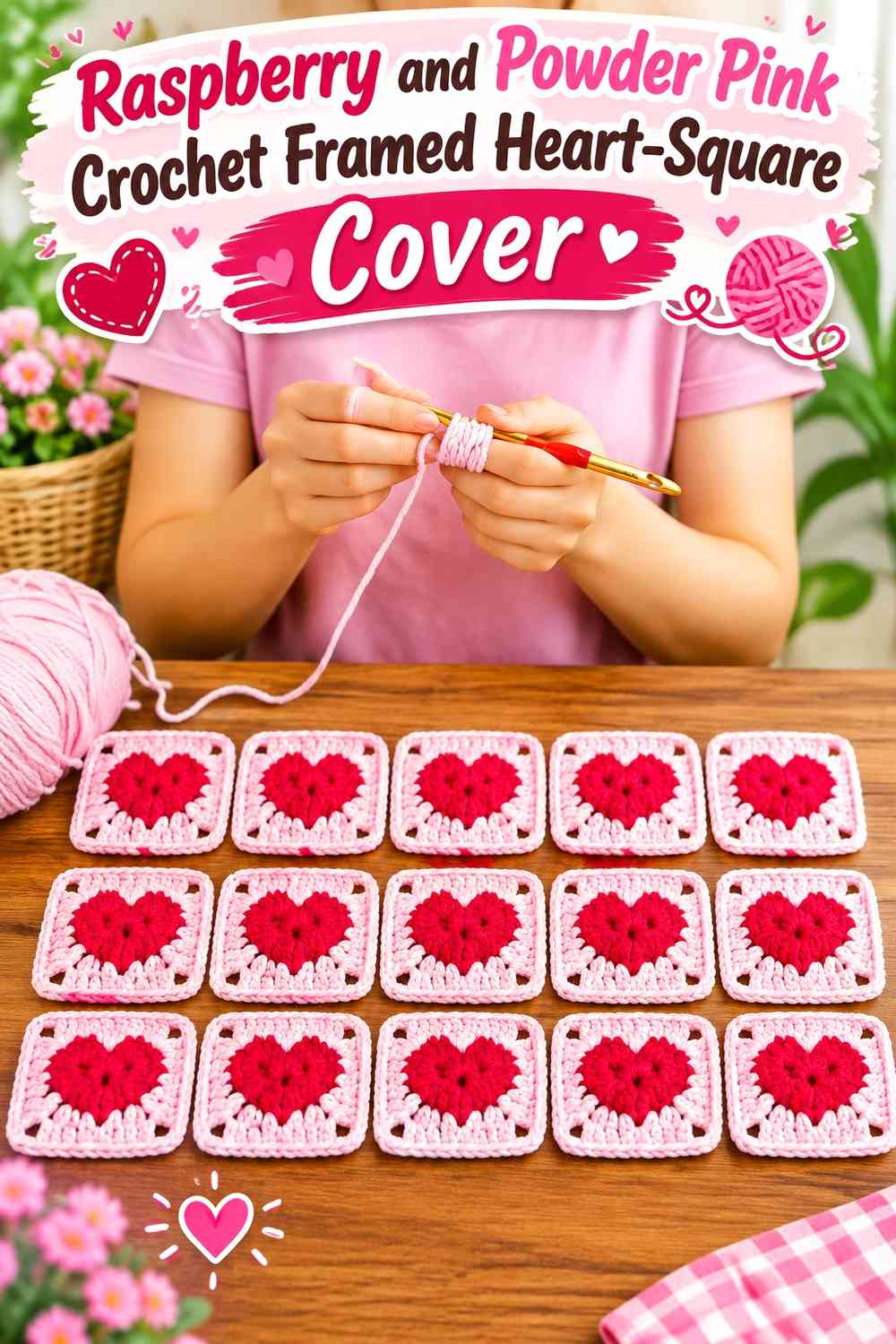 Raspberry and Powder Pink Crochet Framed Heart-Square Cover