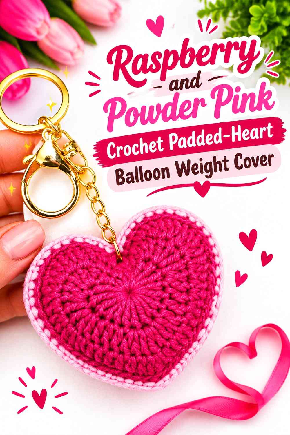 Raspberry and Powder Pink Crochet Padded-Heart Balloon Weight Cover
