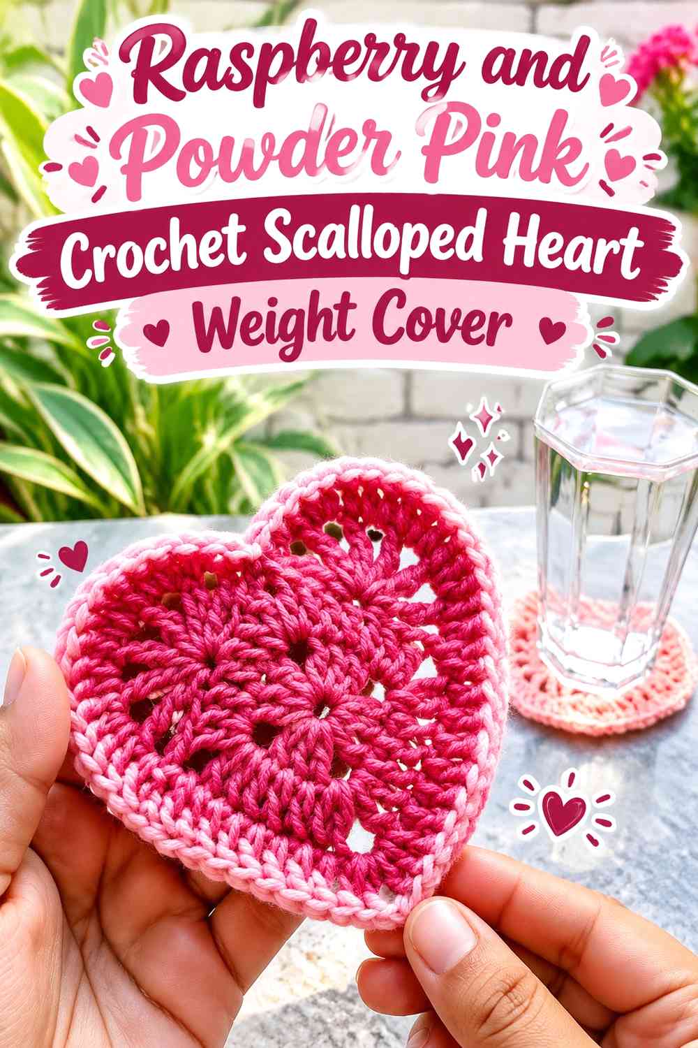 Raspberry and Powder Pink Crochet Scalloped Heart Weight Cover