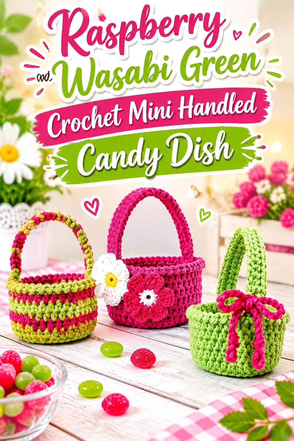 Raspberry and Wasabi Green Crochet Mini Handled Candy Dish