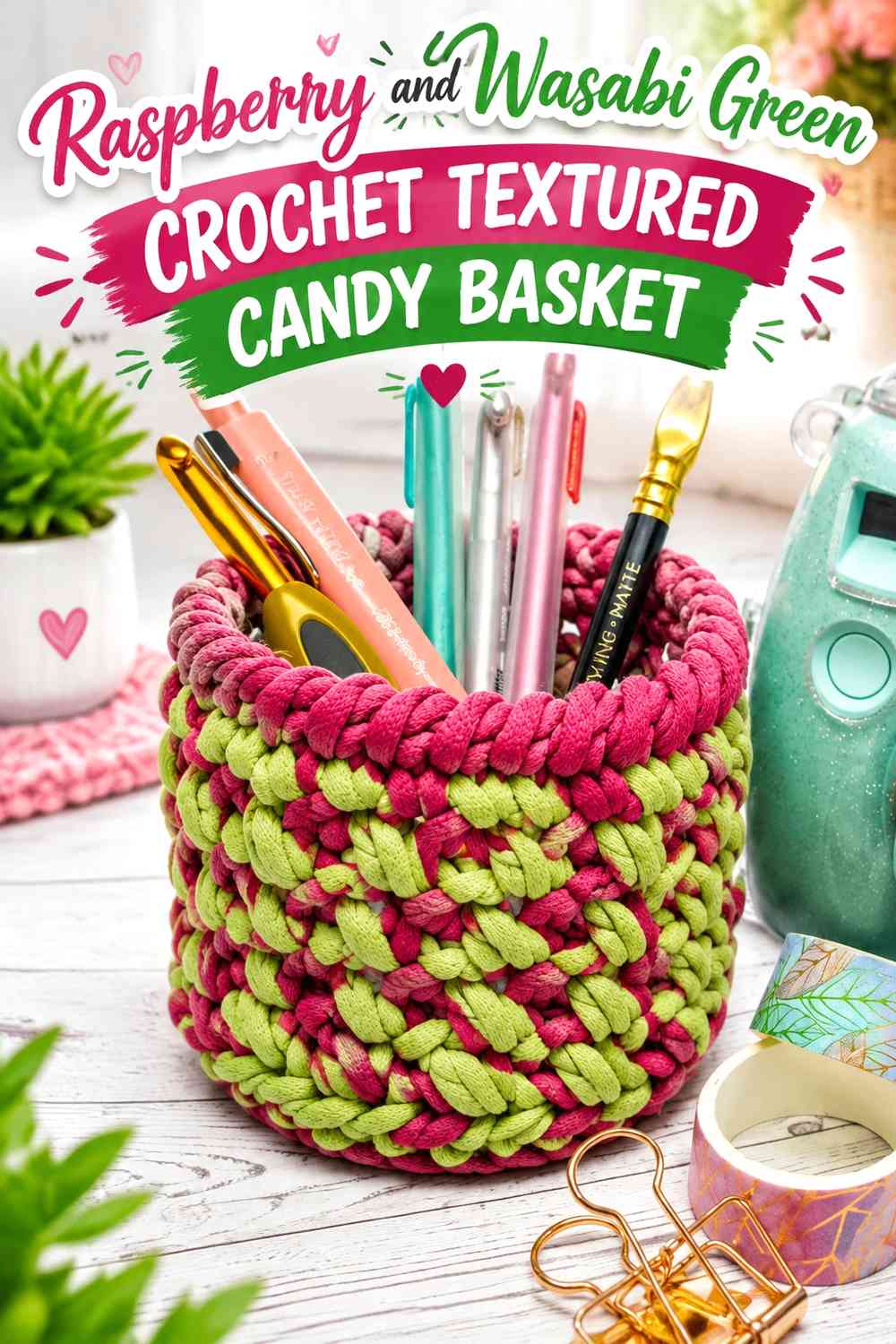 Raspberry and Wasabi Green Crochet Textured Candy Basket