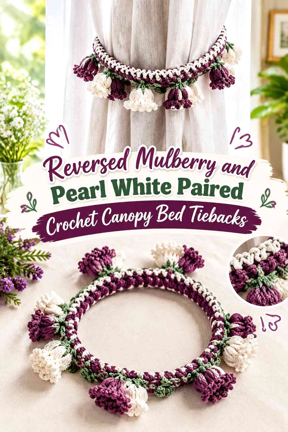Reversed Mulberry and Pearl White Paired Crochet Canopy Bed Tiebacks