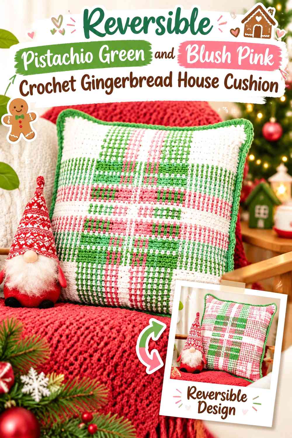 Reversible Pistachio Green and Blush Pink Crochet Gingerbread House Cushion