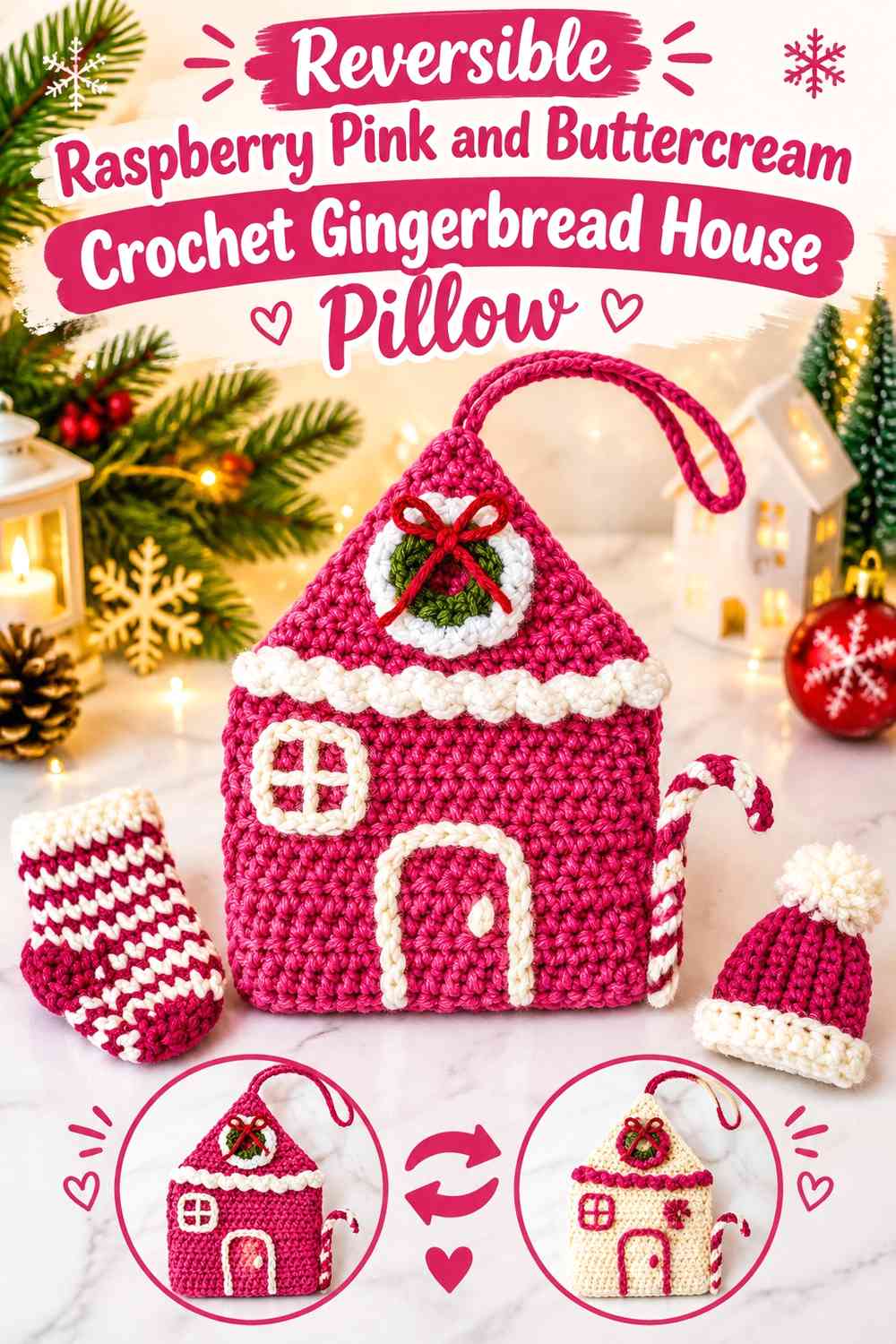 Reversible Raspberry Pink and Buttercream Crochet Gingerbread House Pillow
