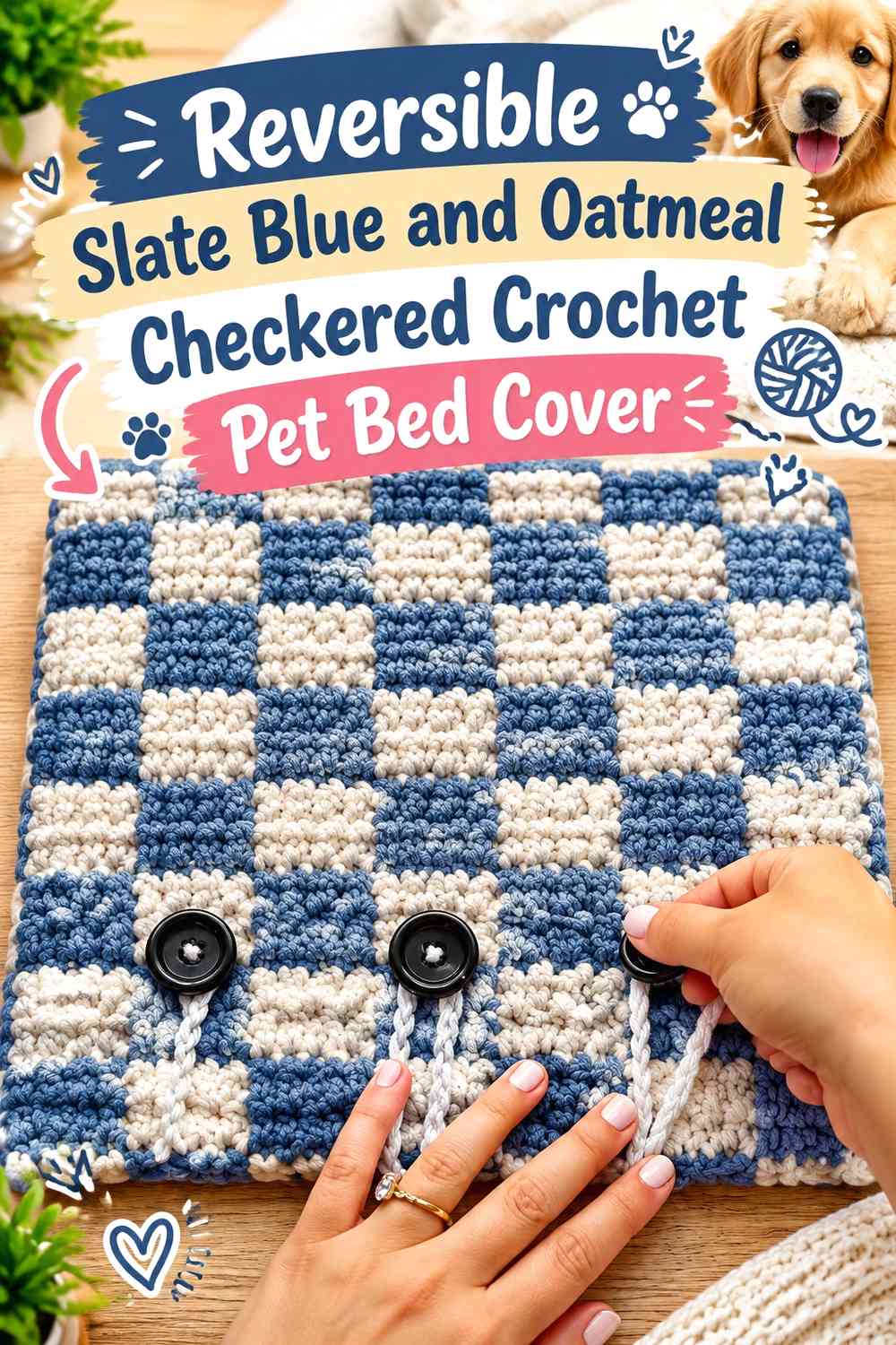 Reversible Slate Blue and Oatmeal Checkered Crochet Pet Bed Cover