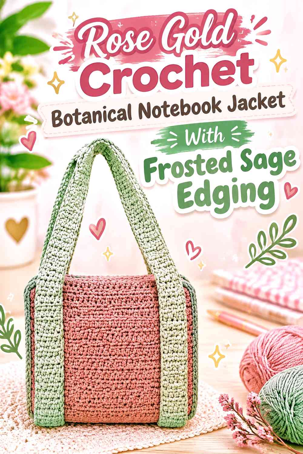 Rose Gold Crochet Botanical Notebook Jacket With Frosted Sage Edging