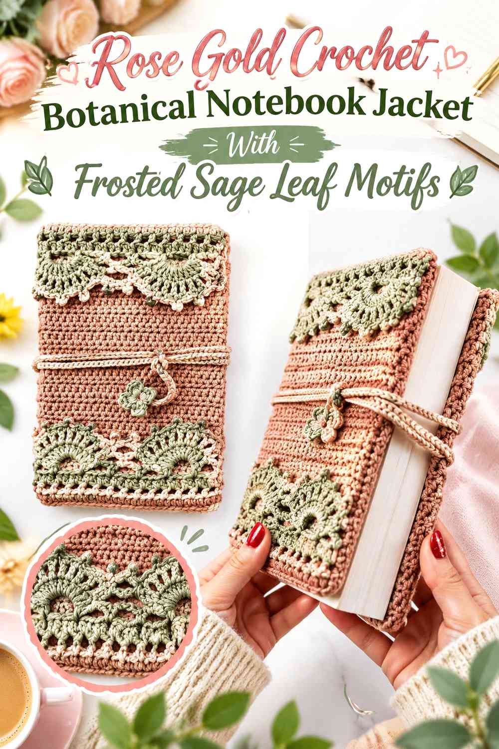 Rose Gold Crochet Botanical Notebook Jacket With Frosted Sage Leaf Motifs