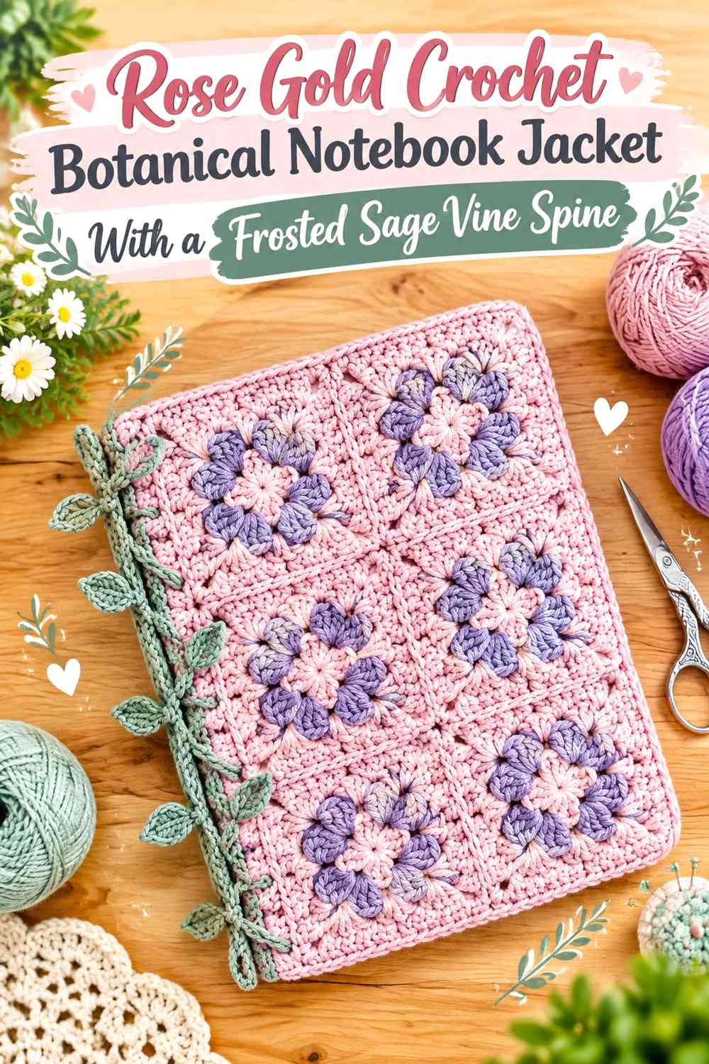 Rose Gold Crochet Botanical Notebook Jacket With a Frosted Sage Vine Spine