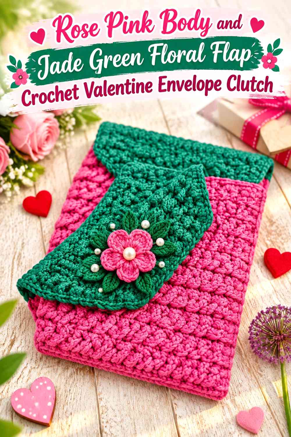 Rose Pink Body and Jade Green Floral Flap Crochet Valentine Envelope Clutch