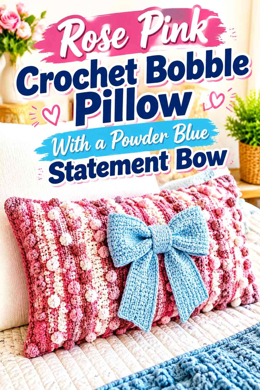 Rose Pink Crochet Bobble Pillow With a Powder Blue Statement Bow