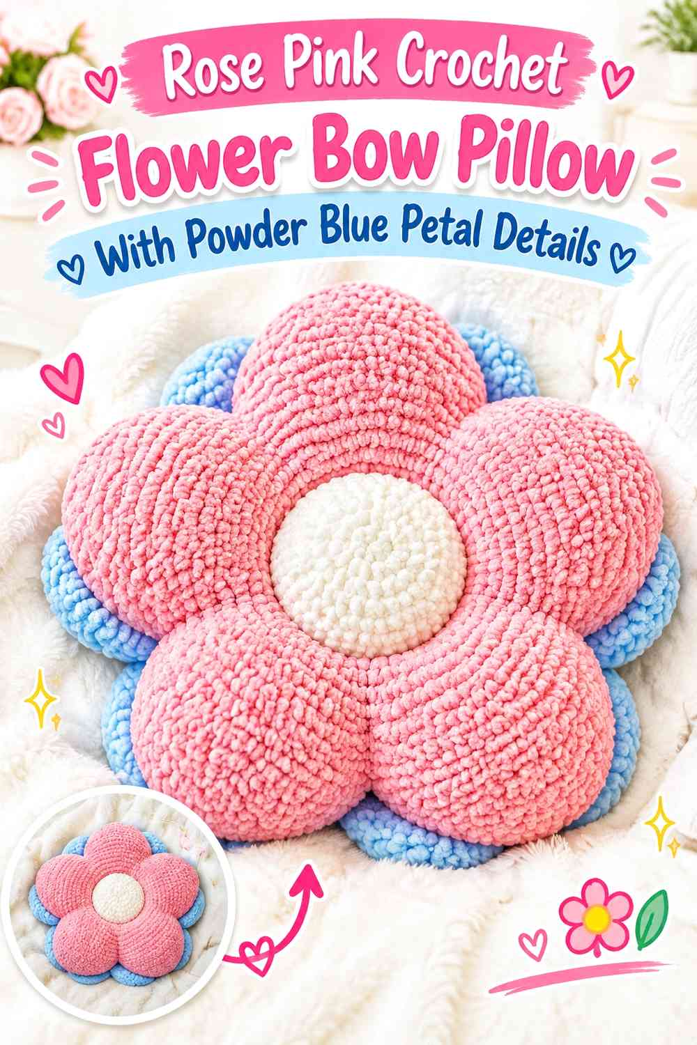 Rose Pink Crochet Flower Bow Pillow With Powder Blue Petal Details