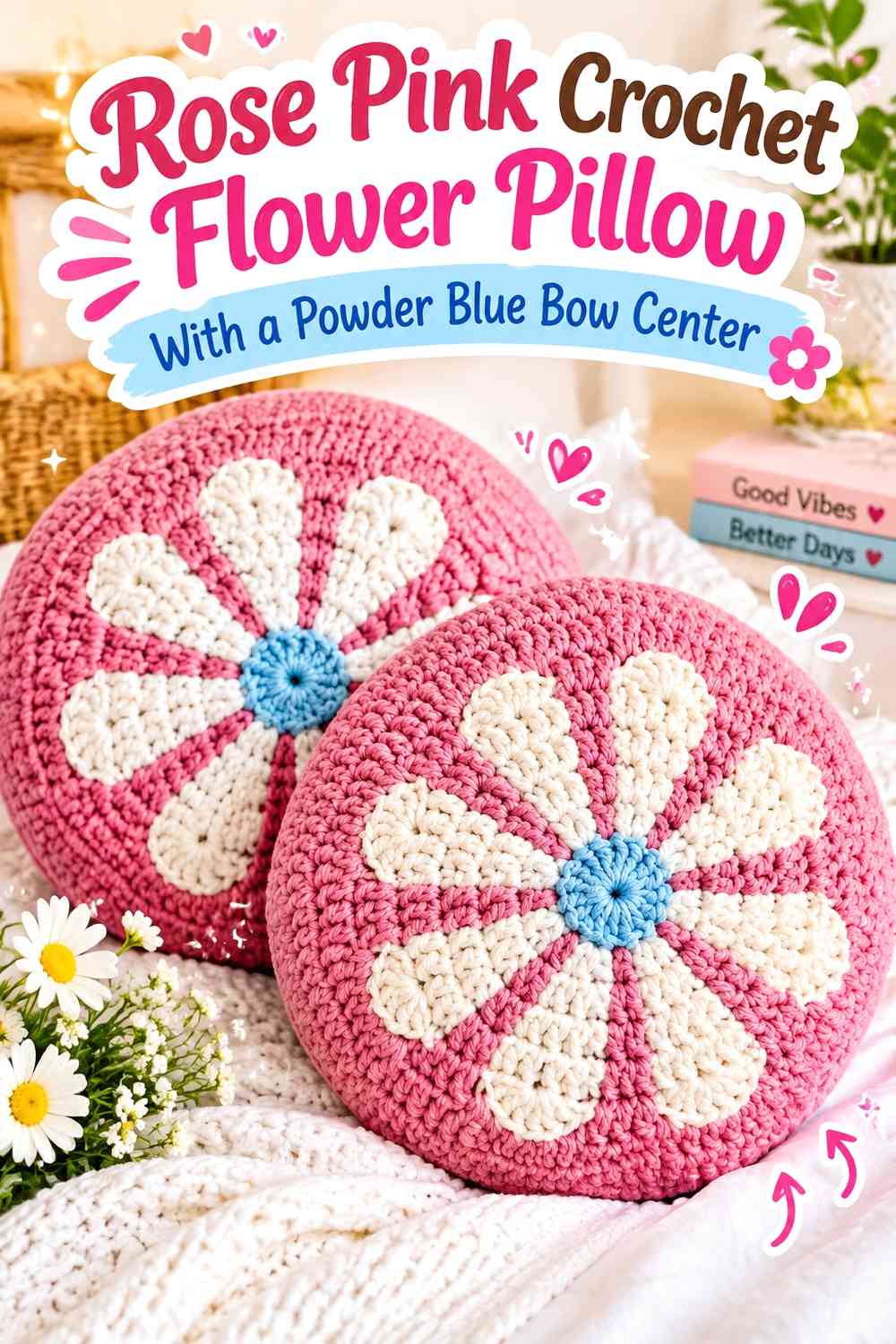 Rose Pink Crochet Flower Pillow With a Powder Blue Bow Center