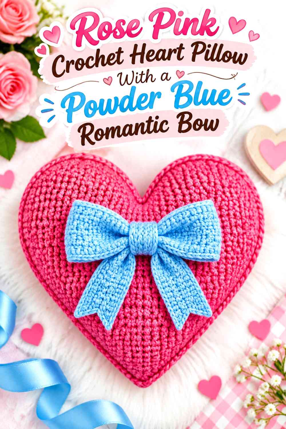 Rose Pink Crochet Heart Pillow With a Powder Blue Romantic Bow