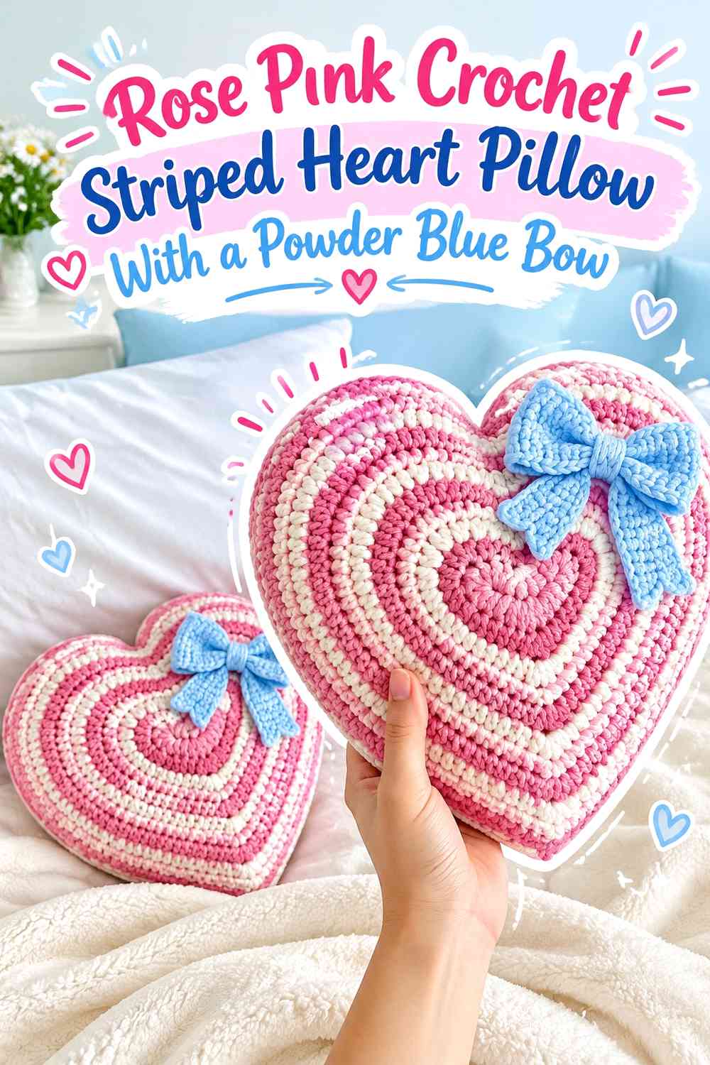 Rose Pink Crochet Striped Heart Pillow With a Powder Blue Bow