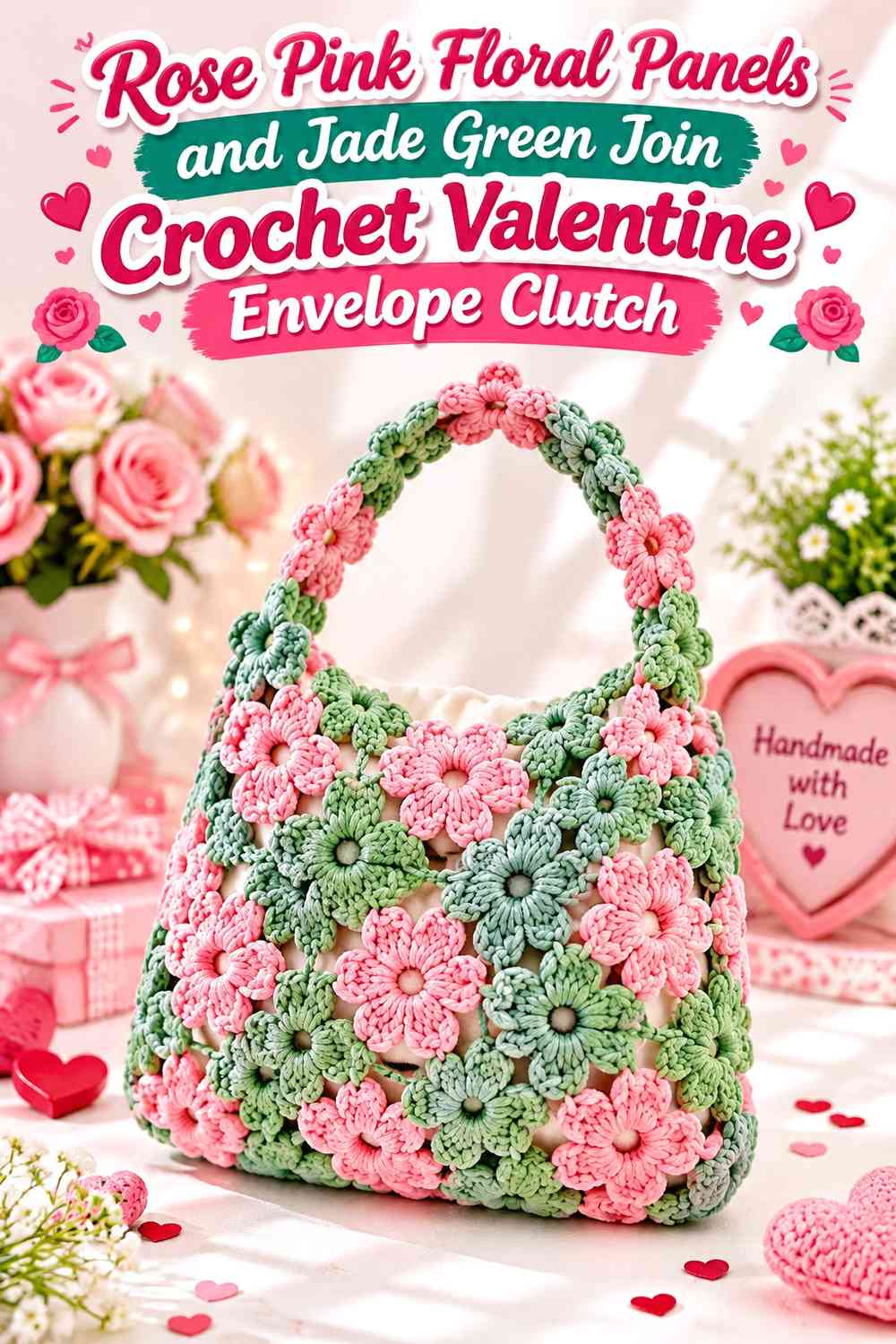 Rose Pink Floral Panels and Jade Green Join Crochet Valentine Envelope Clutch