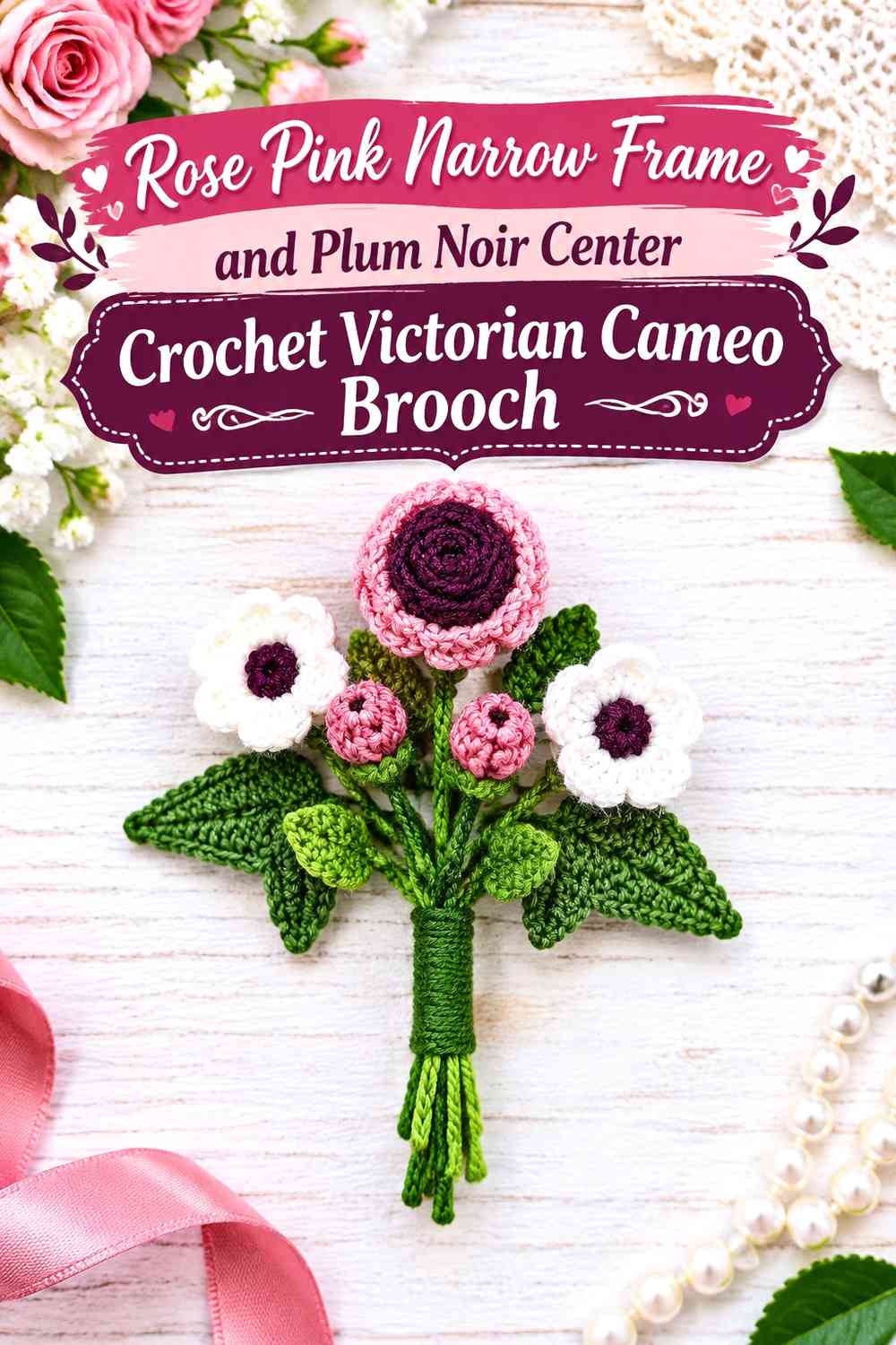 Rose Pink Narrow Frame and Plum Noir Center Crochet Victorian Cameo Brooch