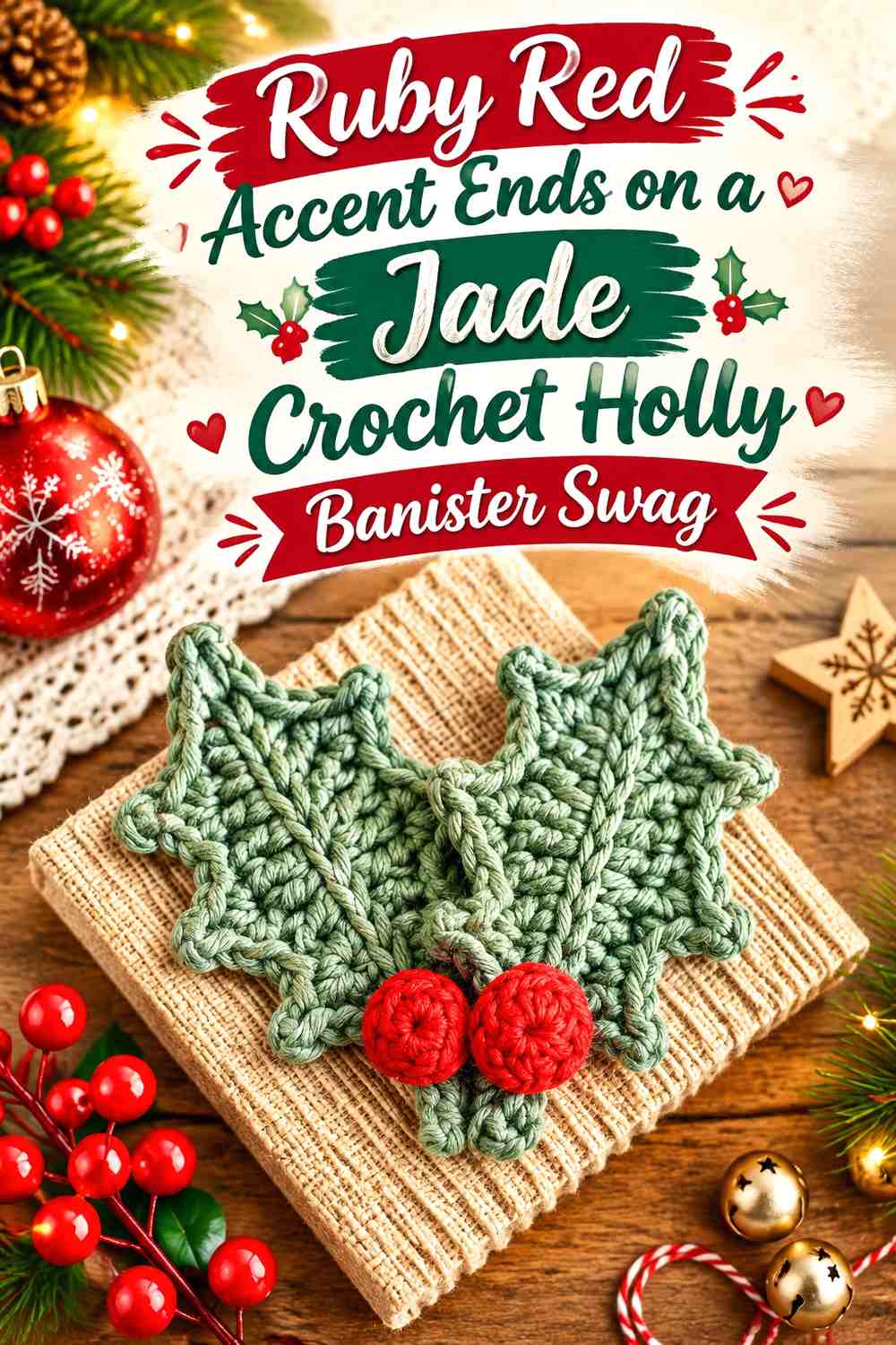 Ruby Red Accent Ends on a Jade Crochet Holly Banister Swag