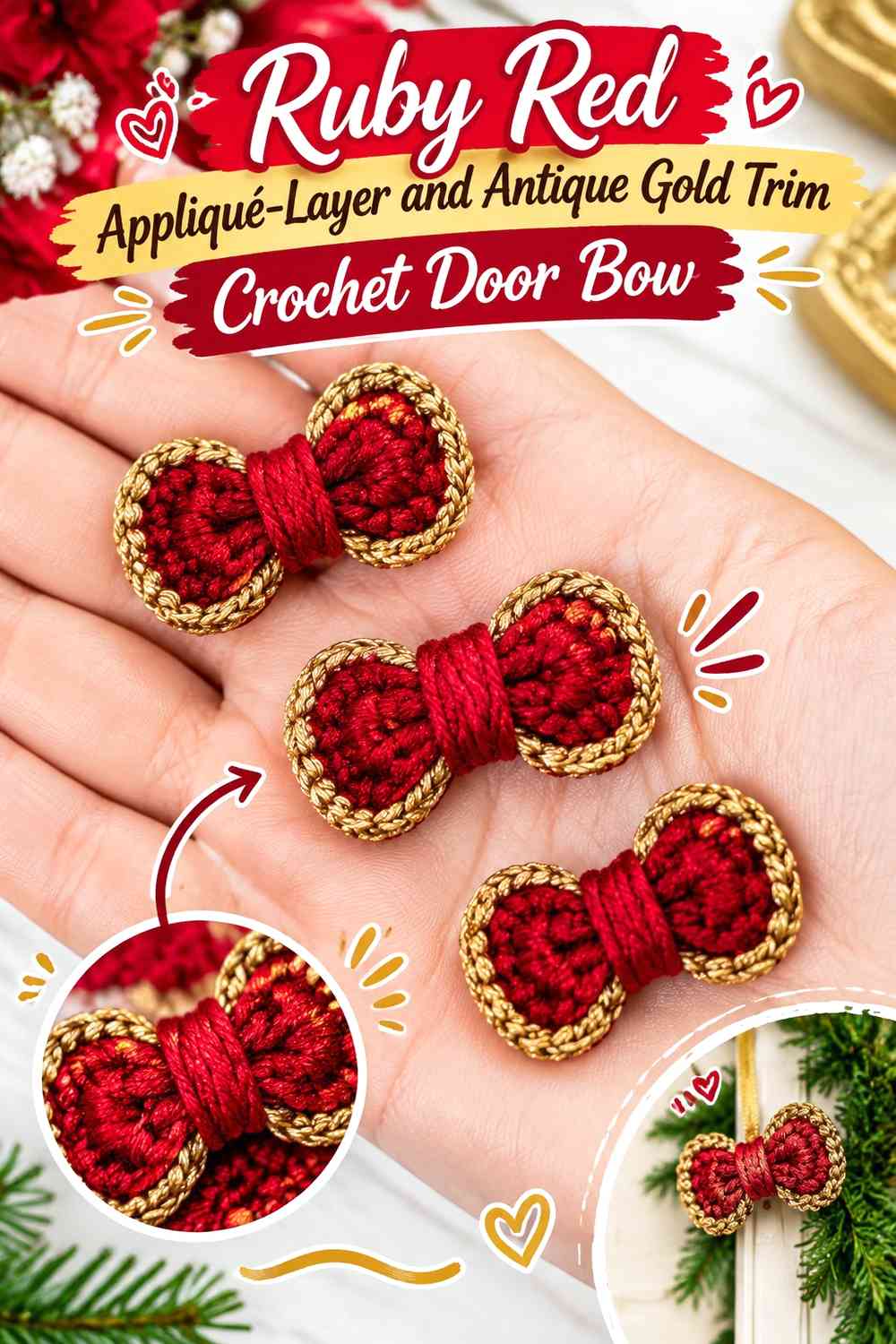 Ruby Red Appliqué-Layer and Antique Gold Trim Crochet Door Bow