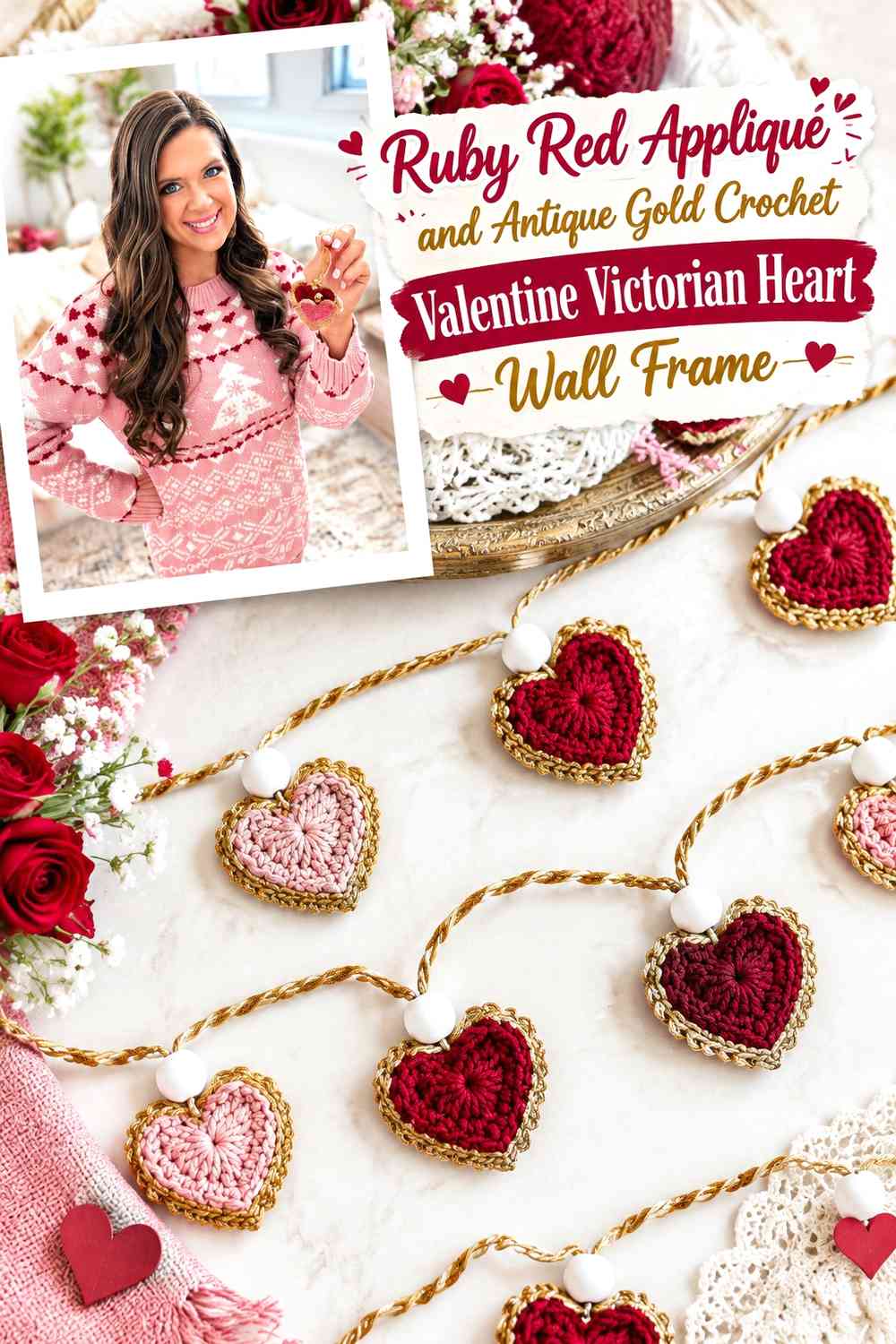 Ruby Red Appliqué and Antique Gold Crochet Valentine Victorian Heart Wall Frame